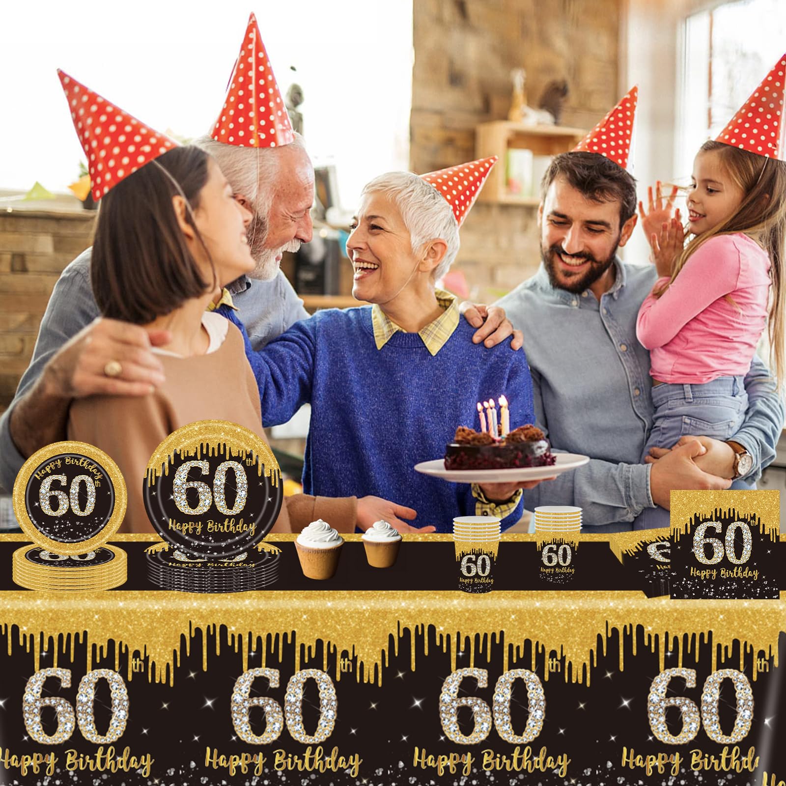 Eiurteao 2 Tovaglie Per 60° Compleanno In Nero E Oro, Con Scritta Happy 60th Birthday, Impermeabili In Plastica, 274x137 Cm