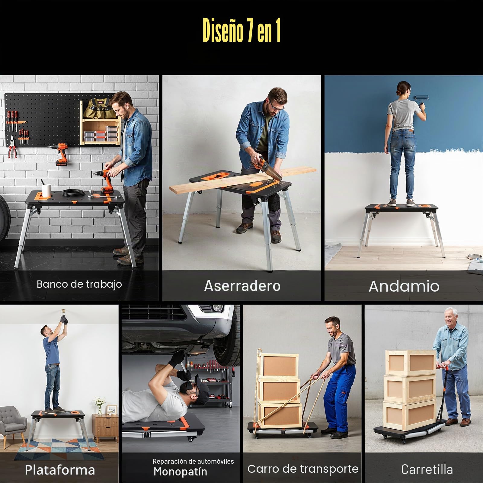 Banco de Trabajo Plegable 7 en 1 Portátil, Plataforma de Trabajo Multifuncional con Capacidad de Carga 150-250kg, Workbench Plegable con Carro de Mano y Tabla de Rodillos, 1090x550mm