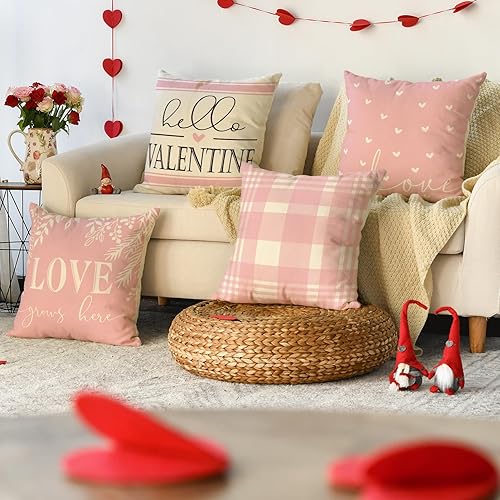 Miniatura 2 de AVOIN colorlife Juego de 4 fundas de almohada de amor rosa y blanco para el día de San Valentín, 20 x 20 pulgadas, diseño a cuadros de Hello