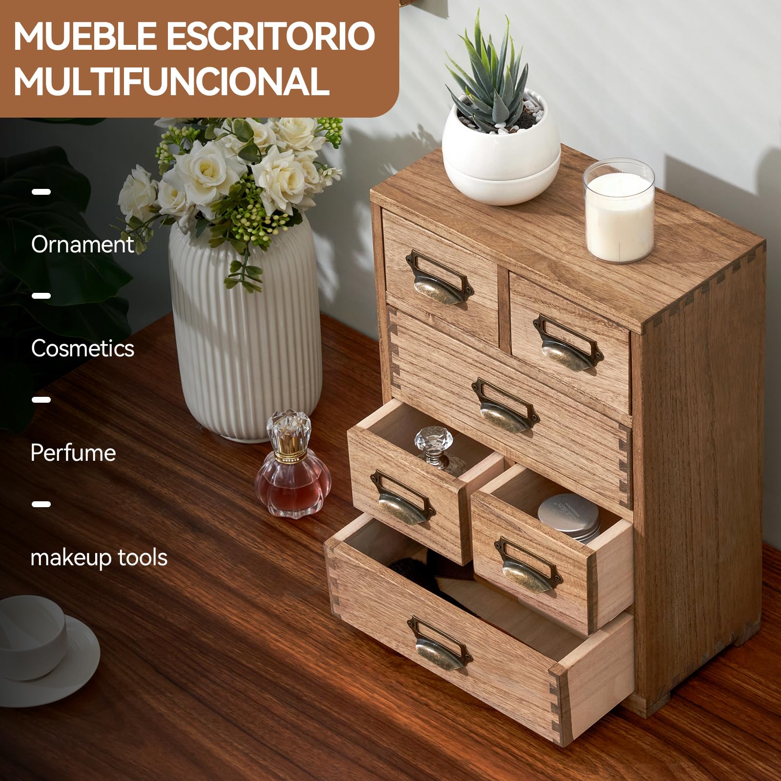 KIRIGEN Caja Organizadora de Madera Maciza para Escritorio y Oficina en Casa - Cajón Multiusos con Gran Capacidad, Diseño Funcional 4 niveles color marrón