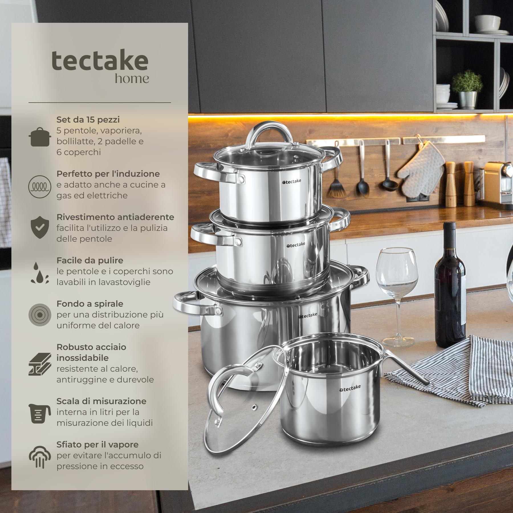 tectake® Set di Pentole, 15 Pezzi, Acciaio Inossidabile di Alta Qualità, Adatto a Induzione, Gas, Elettrico, Padelle Antiaderenti, Lavabili in Lavastoviglie, Coperchi Abbinati