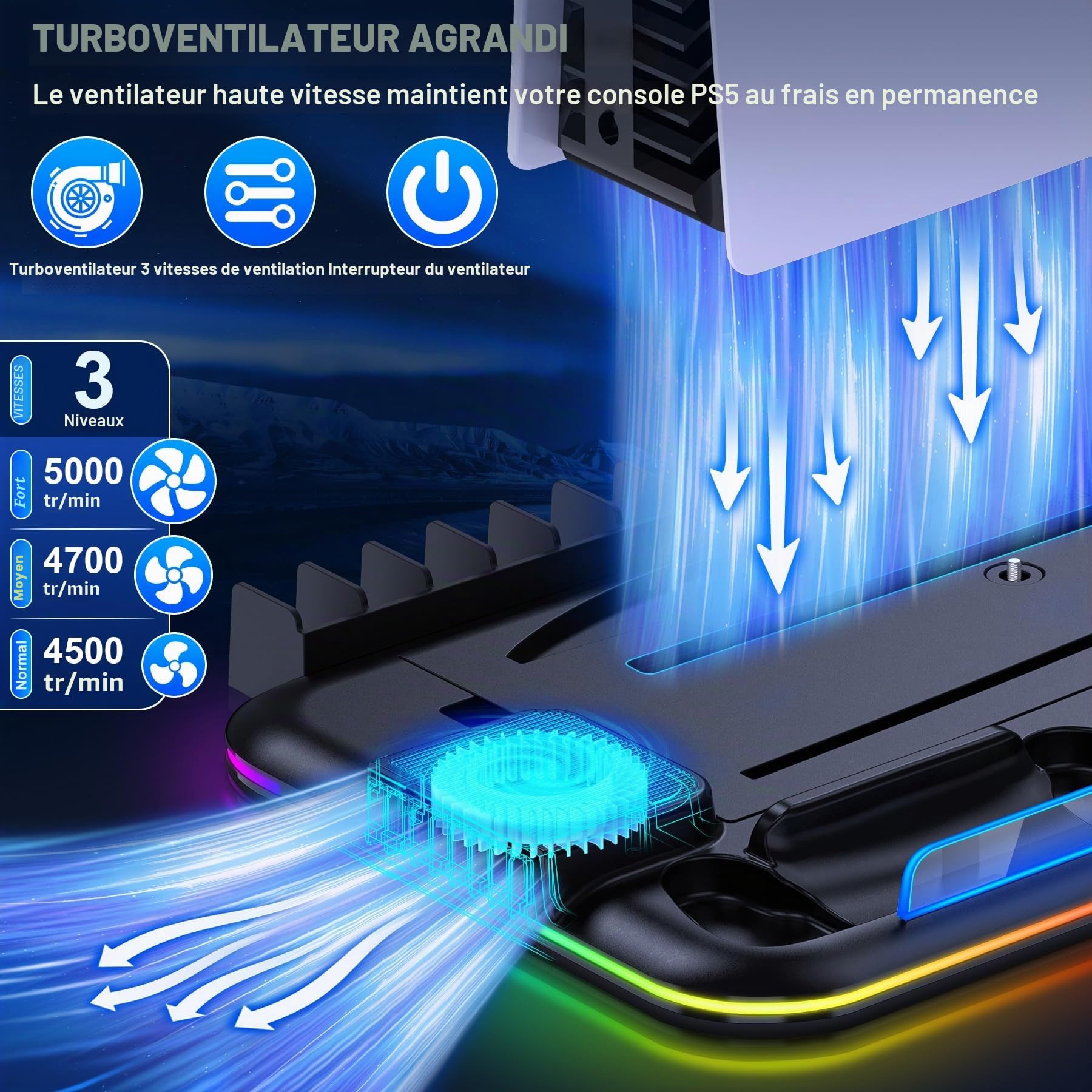 HELLCOOL Socle PS5 avec Ventilateur de Refroidissement, Lumières RVB, Chargeur Double Manette, Porte-Casque, 15 Emplacements de Jeu - Support Vertical pour PS5 Disc/Digital Edition/Slim