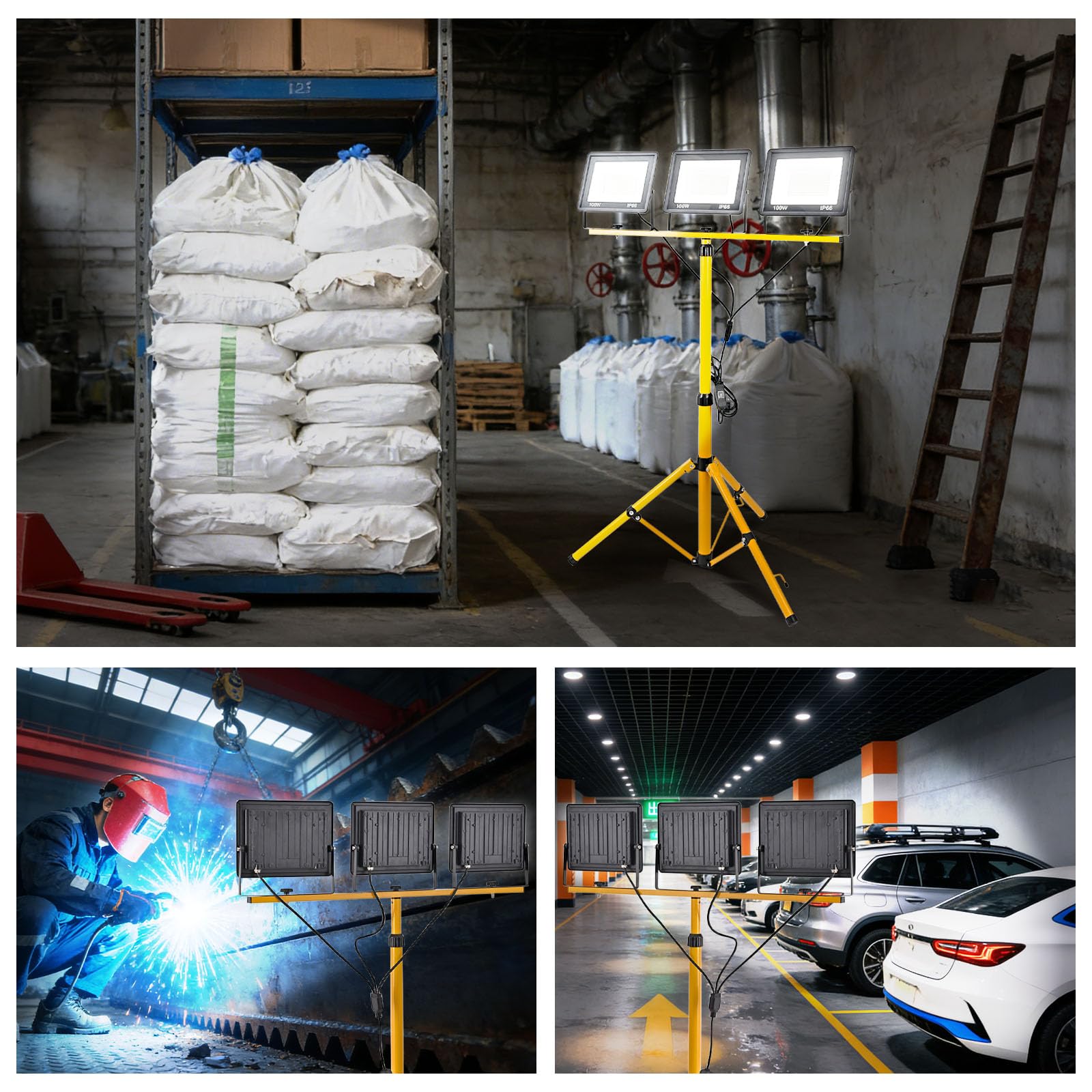 Foco LED de 300 W, 30.000 lm, luz de trabajo superbrillante, con trípode ajustable y cable de 3 m, enchufe europeo, resistente al agua, IP66, para garaje, taller, obra, color blanco frío (300 W)