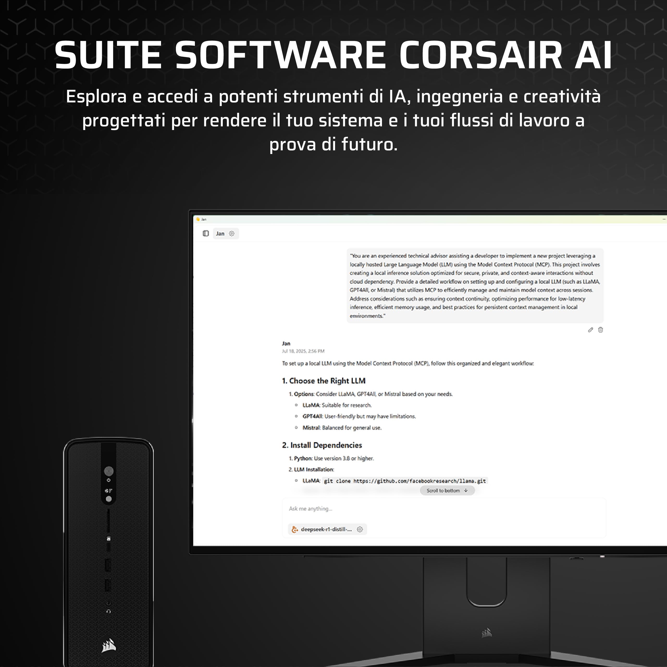 Corsair AI WORKSTATION 300 PC Desktop – CPU AMD Ryzen AI Max 385 – iGPU AMD Radeon 8050S (Fino a 48 GB di vRAM) – 64 GB di Memoria LPDDR5X 8000MHz – 1TB di SSD M.2 – Nero