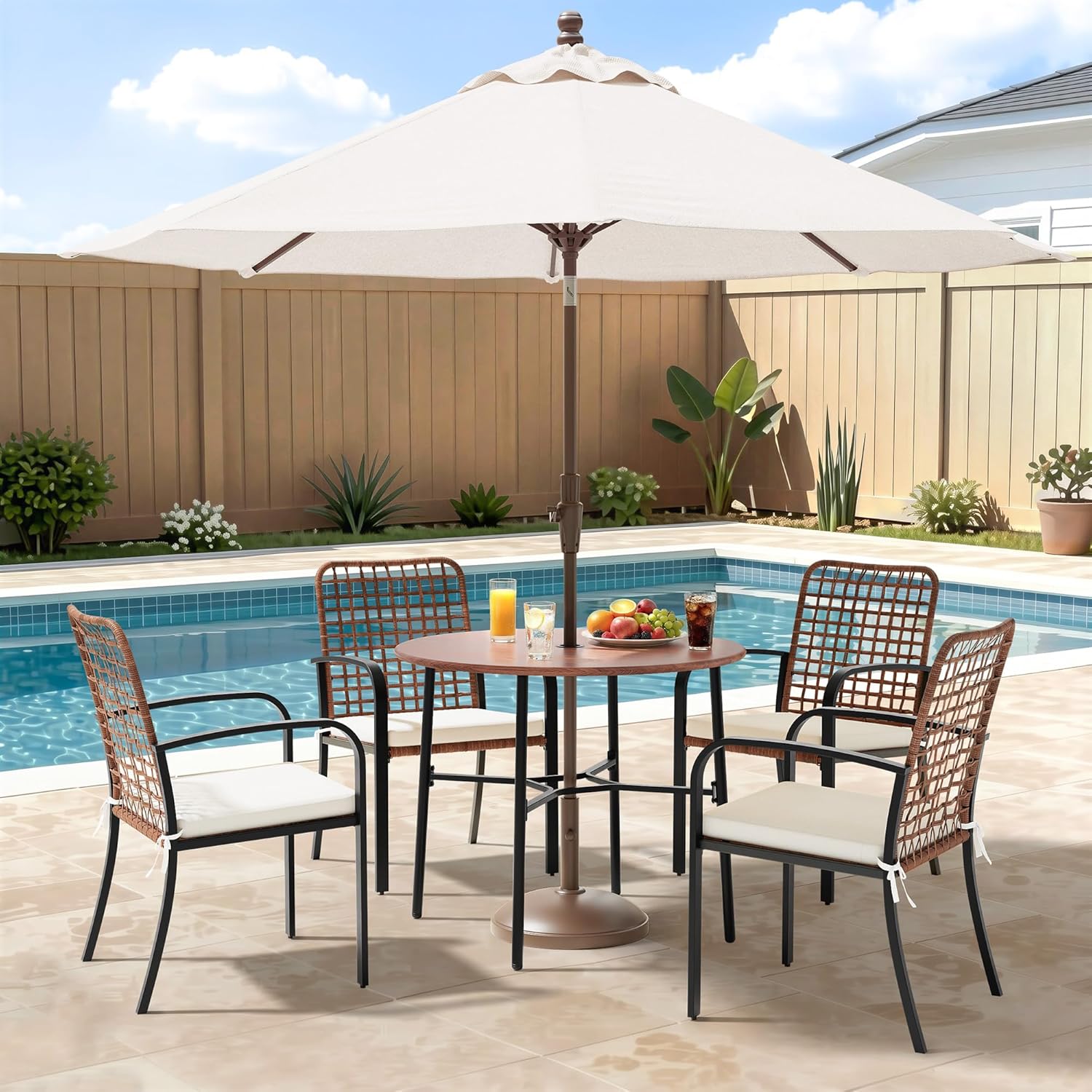 5 Pieces Patio Dining Set, Boho Wicker Outdoor Dining Set with Umbrella Hole, Round Rattan Table and 4 Chairs with Cushions for Garden Backyard