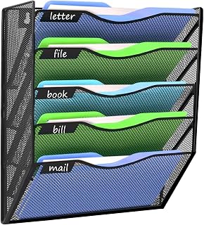 Kuntine.B 5-Tier Black Wall File Organizer - Hanging Magazine Holder for Office Home Organization