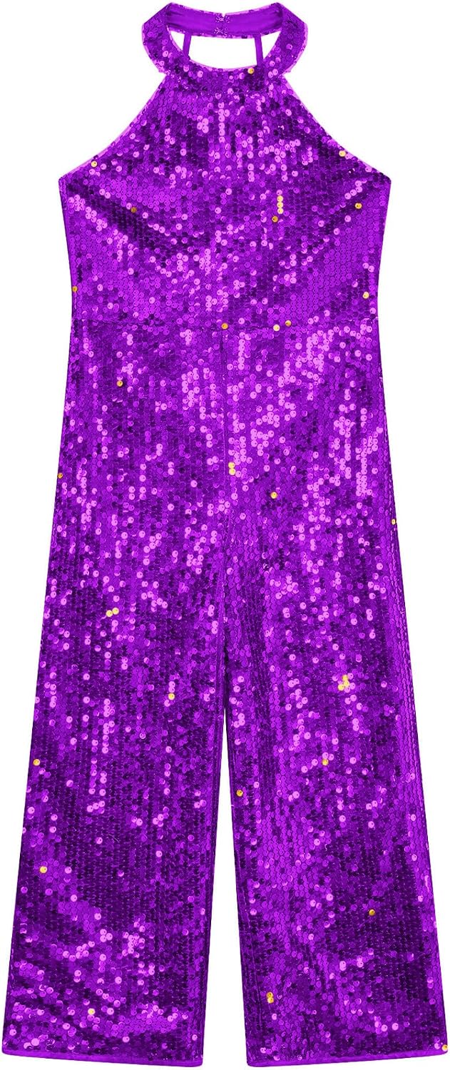 JEYPINMI Girls Sequins Jumpsuits Kids Sparkly Party Rompers Gown Halter Sleeveless Latin Jazz Dance Costume