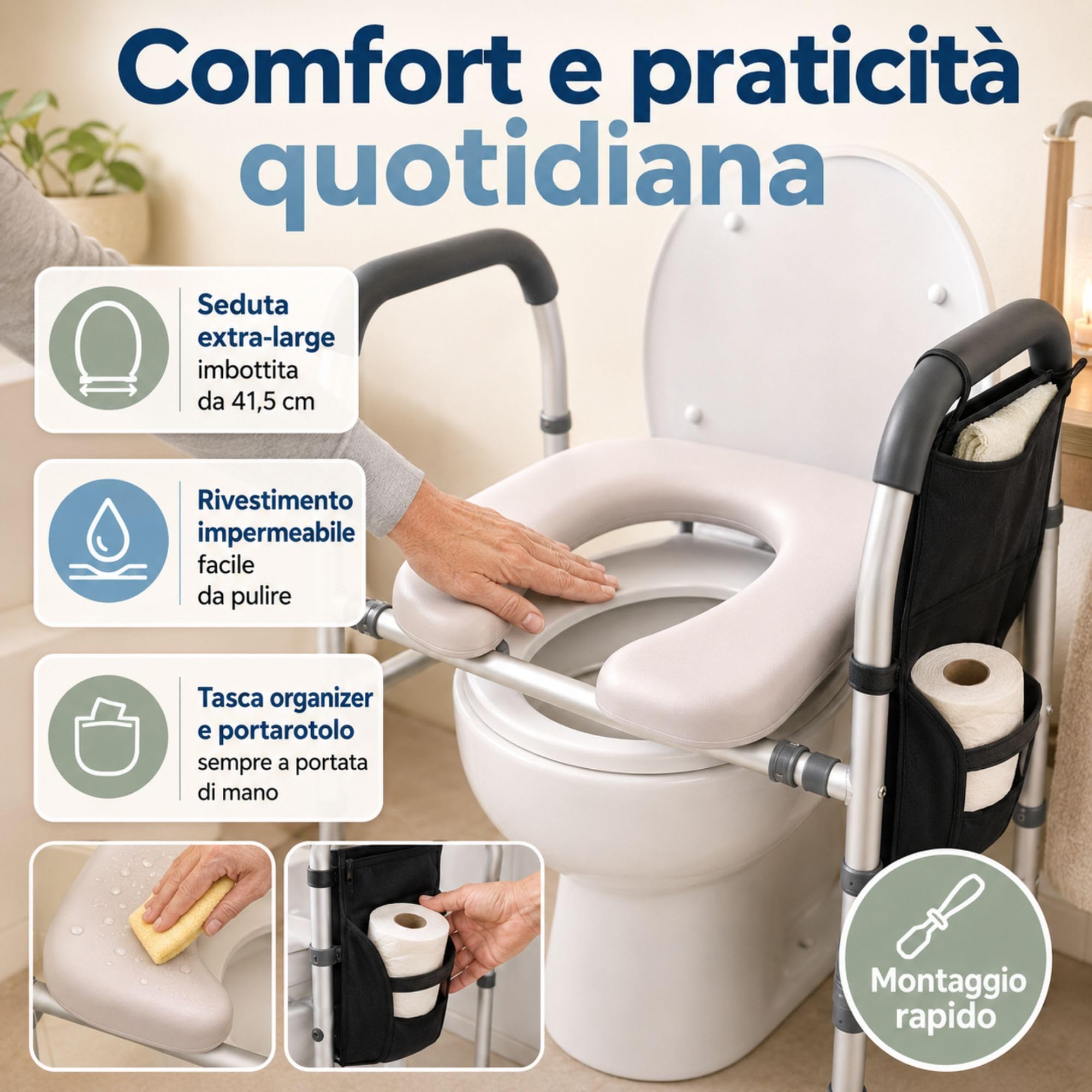 TERMIGEA - Rialzo WC per Anziani Regolabile, Alzata per WC Rialzo Water Universale Adatto a Qualsiasi Water, Alzawater Altezza da 67,5 cm a 80,5 cm, Larghezza da 48,5 cm a 58,5 cm - Portata 150 KG