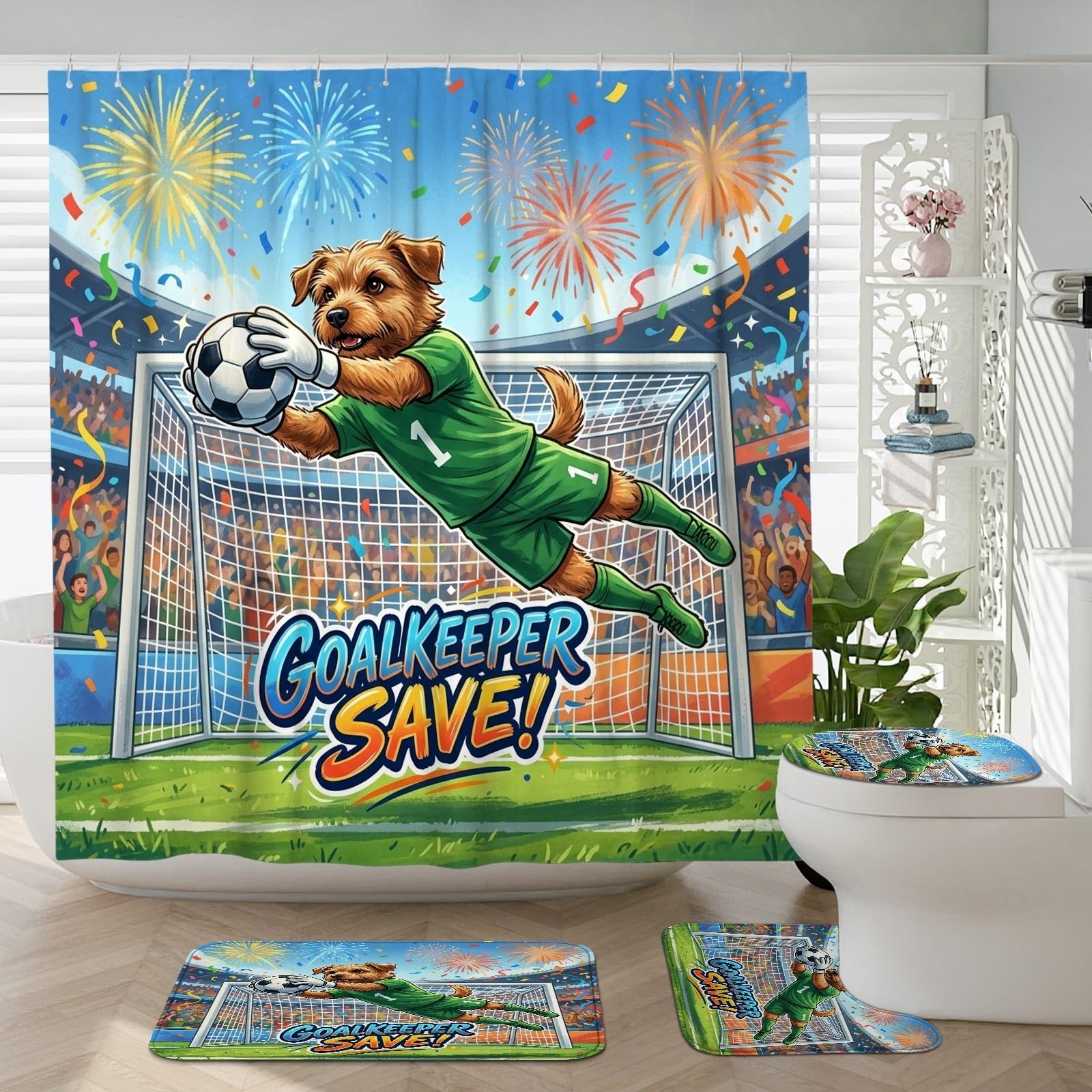Tapis contour WC Norfolk Terrier et ensemble rideau de douche lavable anti-moisissure