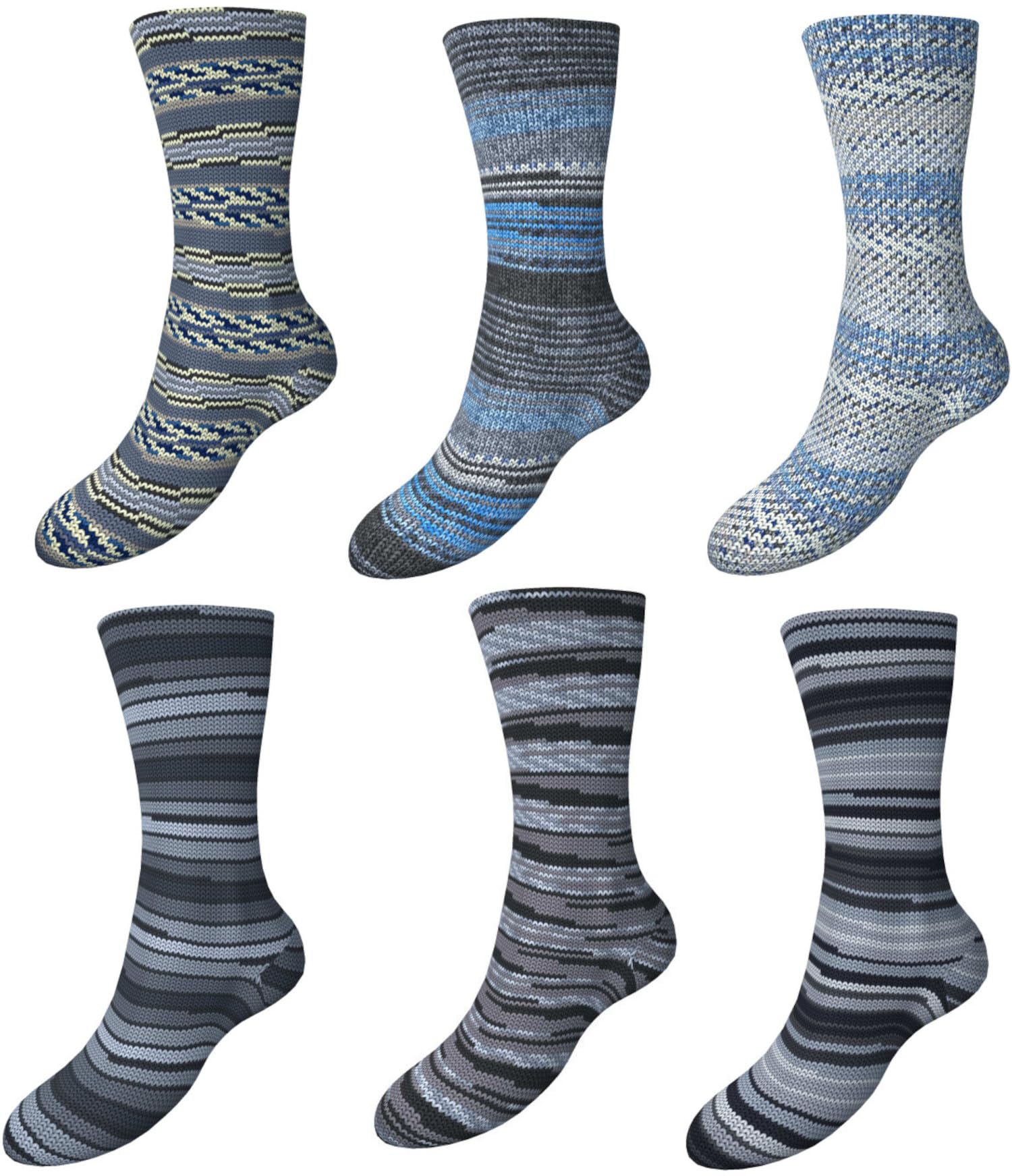 Sockenwolle Comfort Color 4-fädig, 6x100gr, bunter Mix Jeansfarben | Strumpfwolle -Made in Italy - 420m Lauflänge- Nadelstärke 2,5-3,0mm- Muster direkt aus dem Knaul