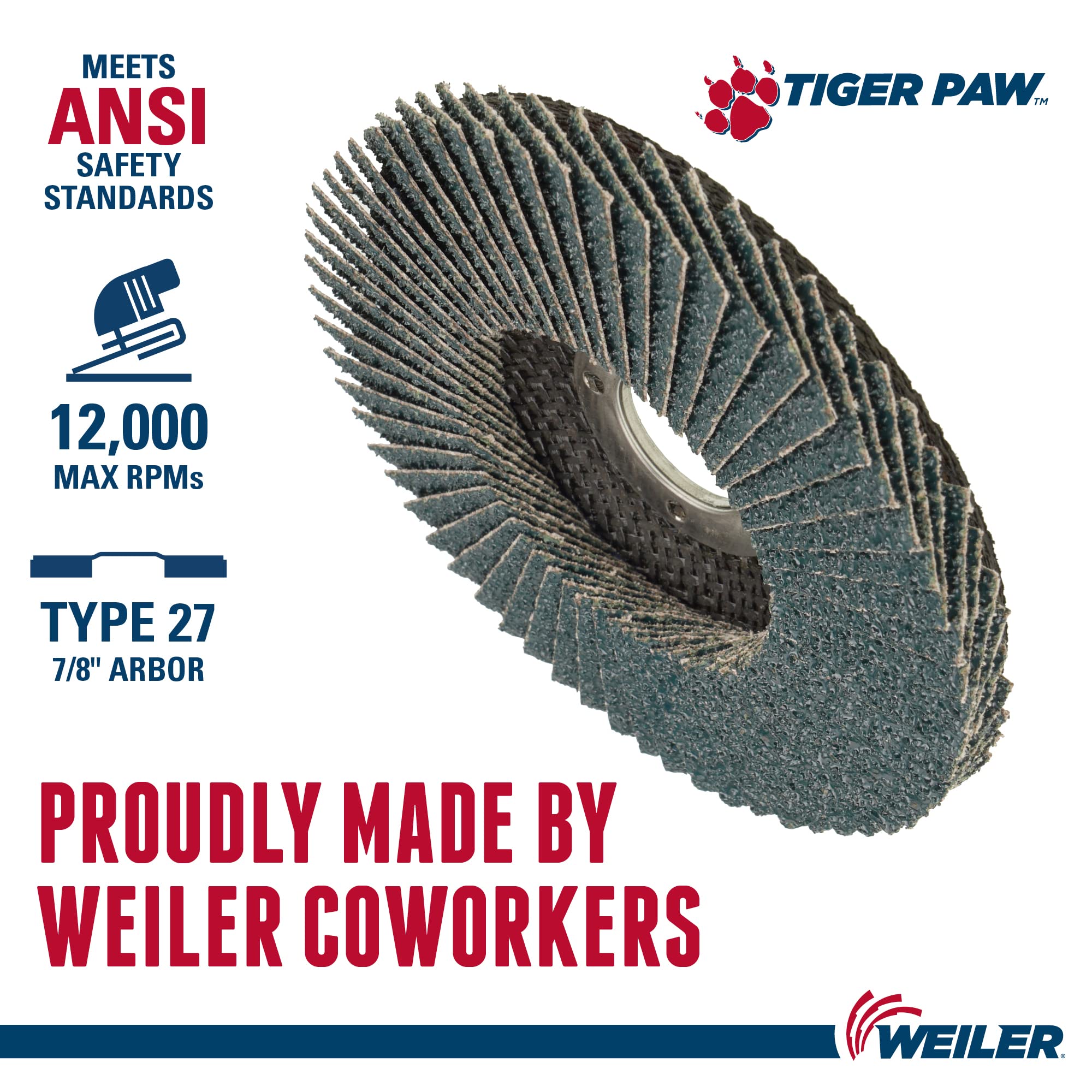 Weiler 51160 Tiger Paw XHD Super alta densidad solapa abrasivos discos, tipo 27 soporte de estilo fenólico, respaldo, Zirconia alúmina, 4 – 1/2 "de diámetro, 7/8" Arbor, 36 Grit, 12000 rpm (Pack de 10)