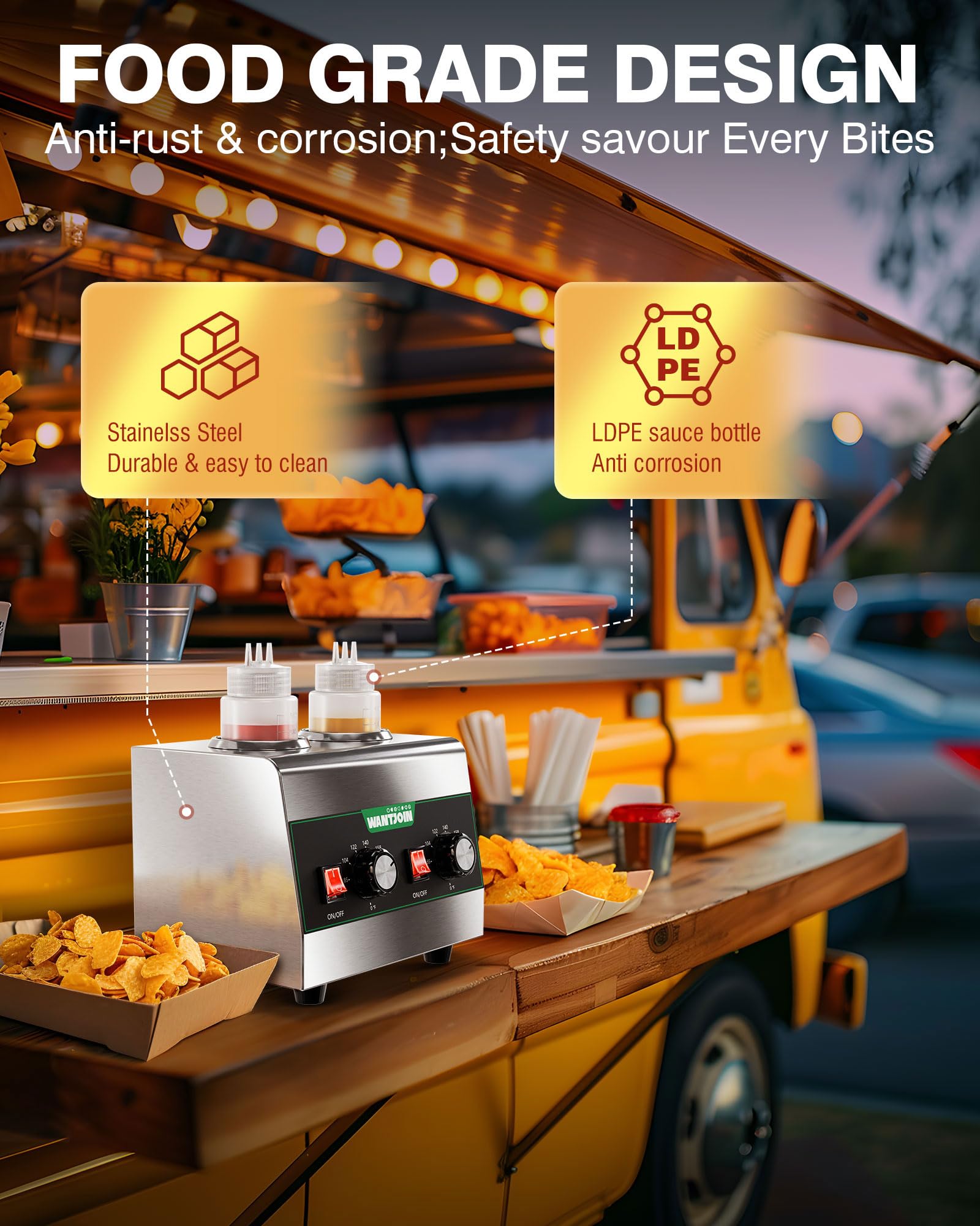 WantJoin Dispensador eléctrico de salsa para encimera, acero inoxidable, máquina de conservación del calor, 320 W, dulce caliente, nachos, queso, ketchup, calentador de chocolate para uso comercial
