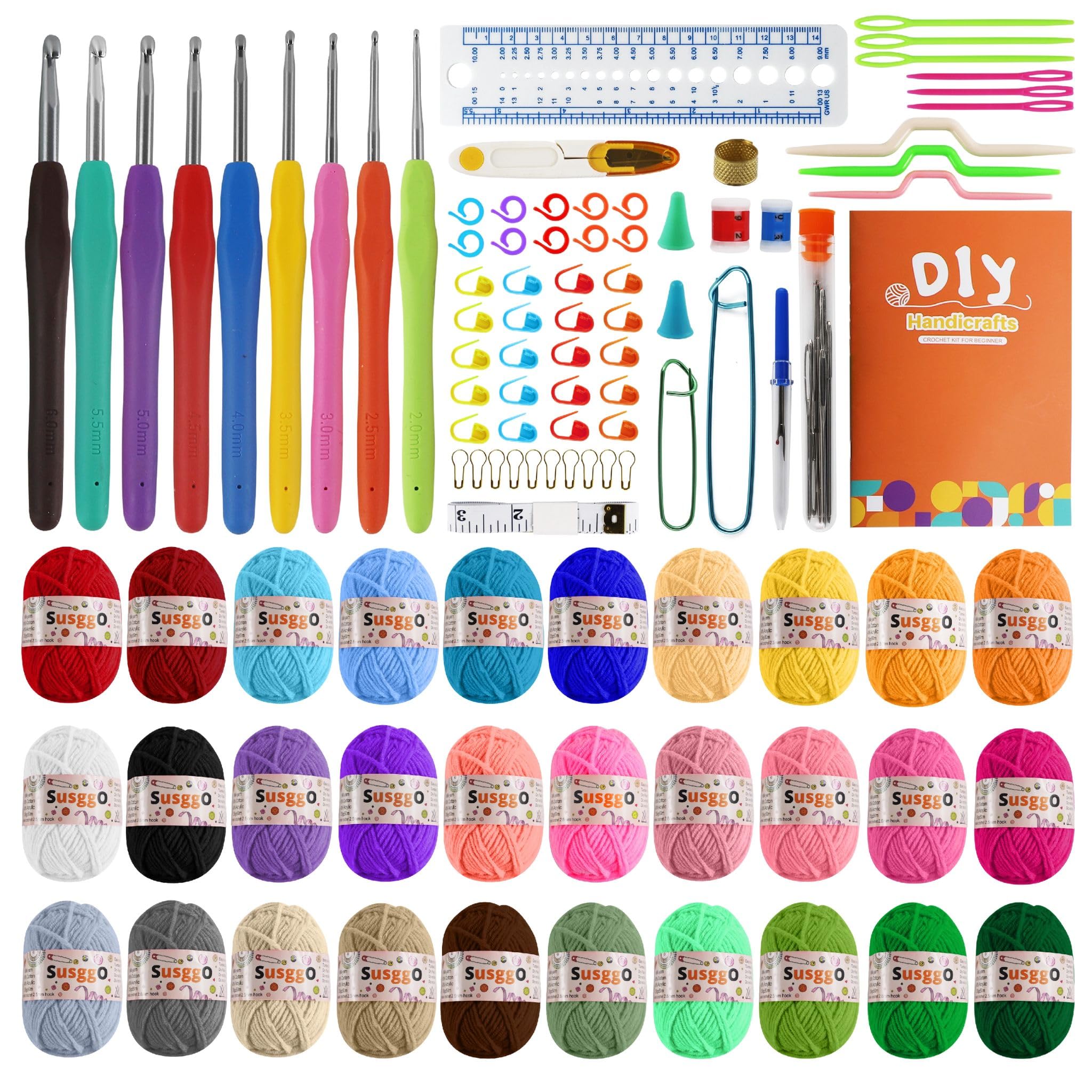 SusggO 104-częściowy kompletny zestaw do szydełkowania dla początkujących, zestaw szydełkowania amigurumi – 30 motków włóczki bawełnianej, akcesoria szydełka instrukcja, wideo, torba