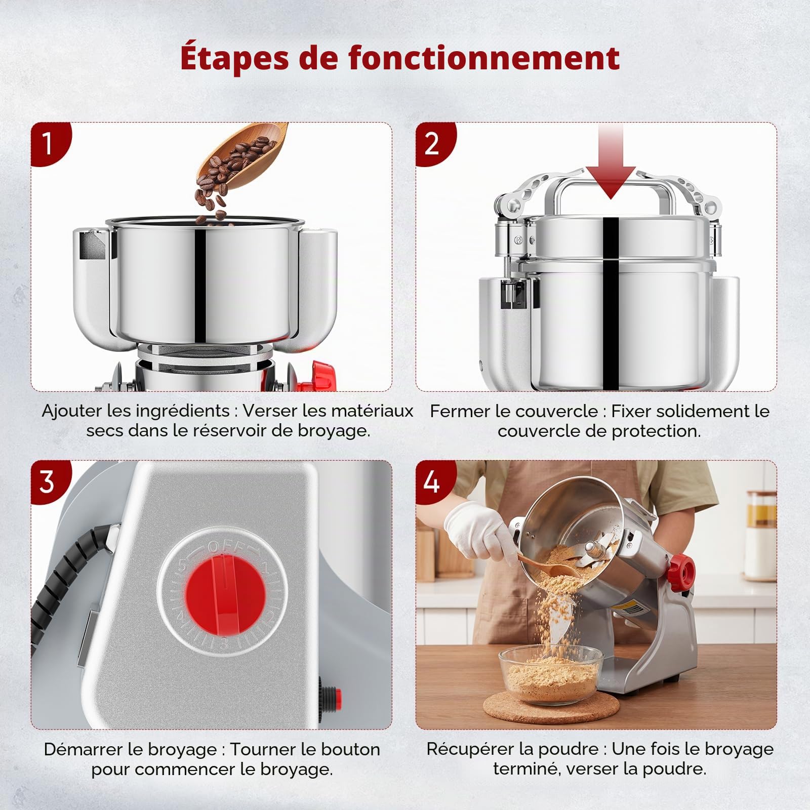 Moulin à céréales portable 220 V, secouer pour moudre, ponceuse à grande vitesse, pour herbes, épices, noix, céréales avec protection contre les surcharges (1000 g)