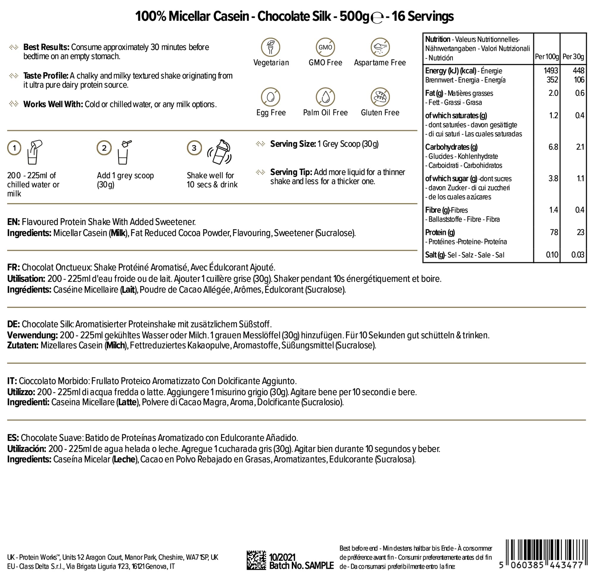 Protein Works 100% Micellar Casein | CHOCOLATE SILK |500g | Perfekter Shake zur Regeneration über Nacht