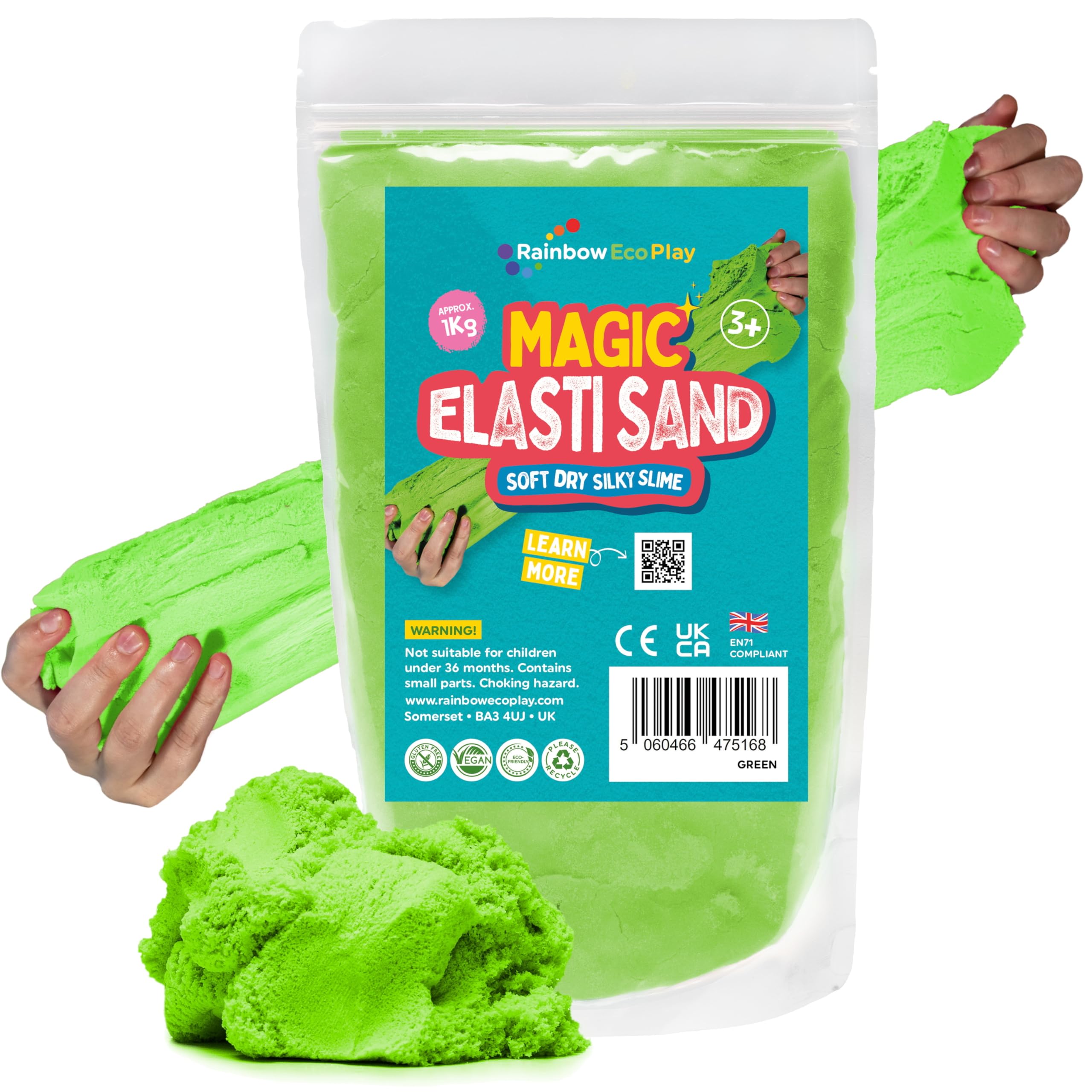 Rainbow Eco Play - Magic Sand - Elasti - Green - 1kg - Kids Coloured Sand - Non-Toxic - Sensory Toys for Autism - ASMR Toys