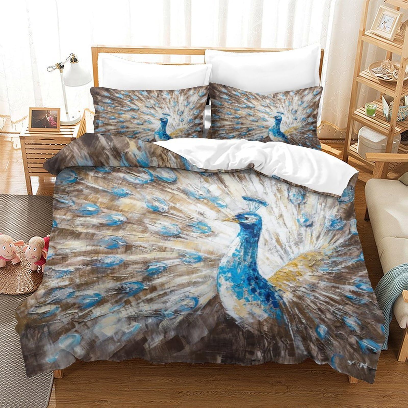 QDZHCPMYK Peacock Duvet Cover Sets 3 PCS Hotel Quality Quilt Cover Bedding Sets Bed Covers with Pillowcases with Zipper Closure Hypoallergenic Soft Breathable Microfiber King（220x240cm）