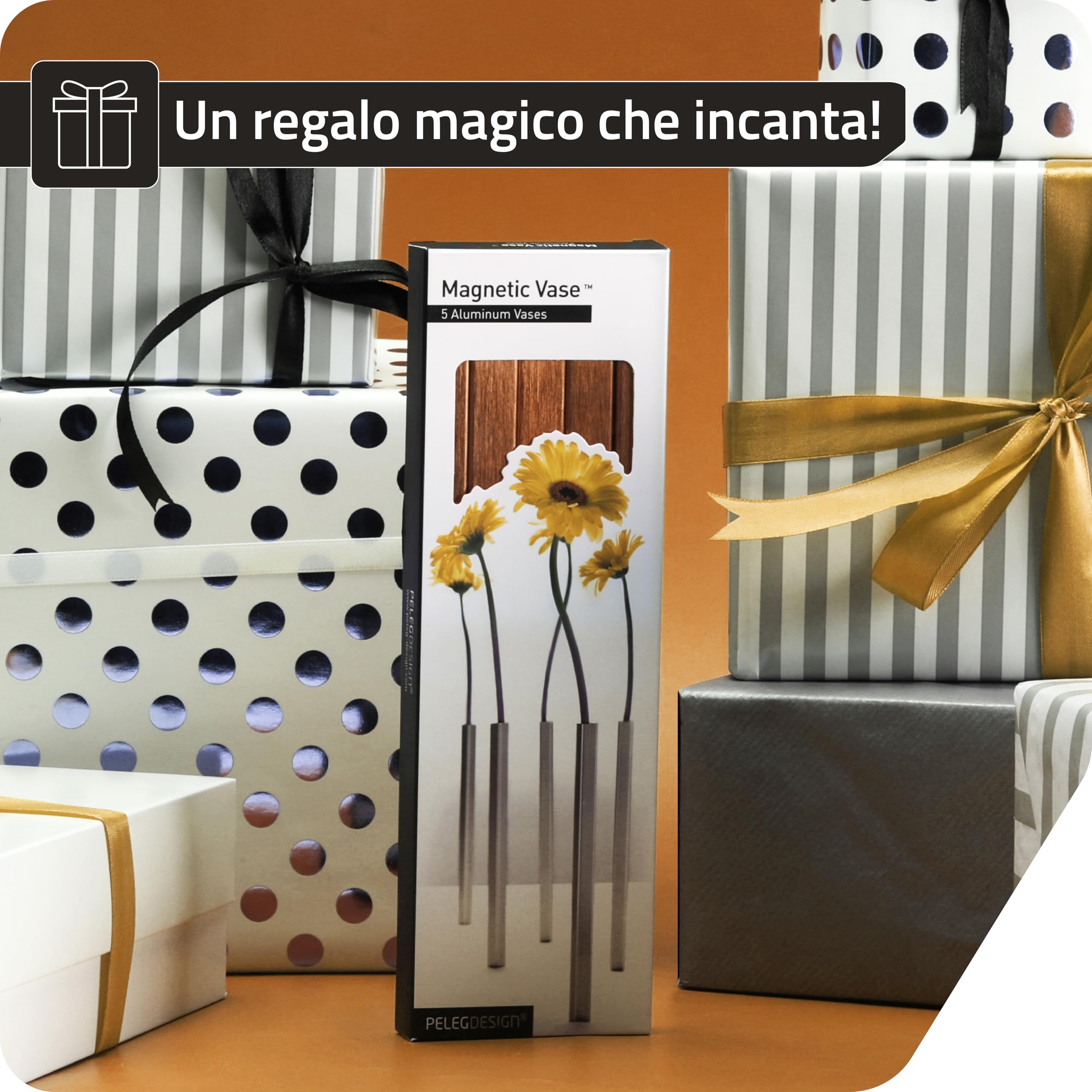 PELEG DESIGN Vaso Magnetico – Set di 5 Vasi Moderni in Alluminio Dorato per Decorazione di Interni e Centrotavola – Per Fiori Veri o Artificiali (Oro)