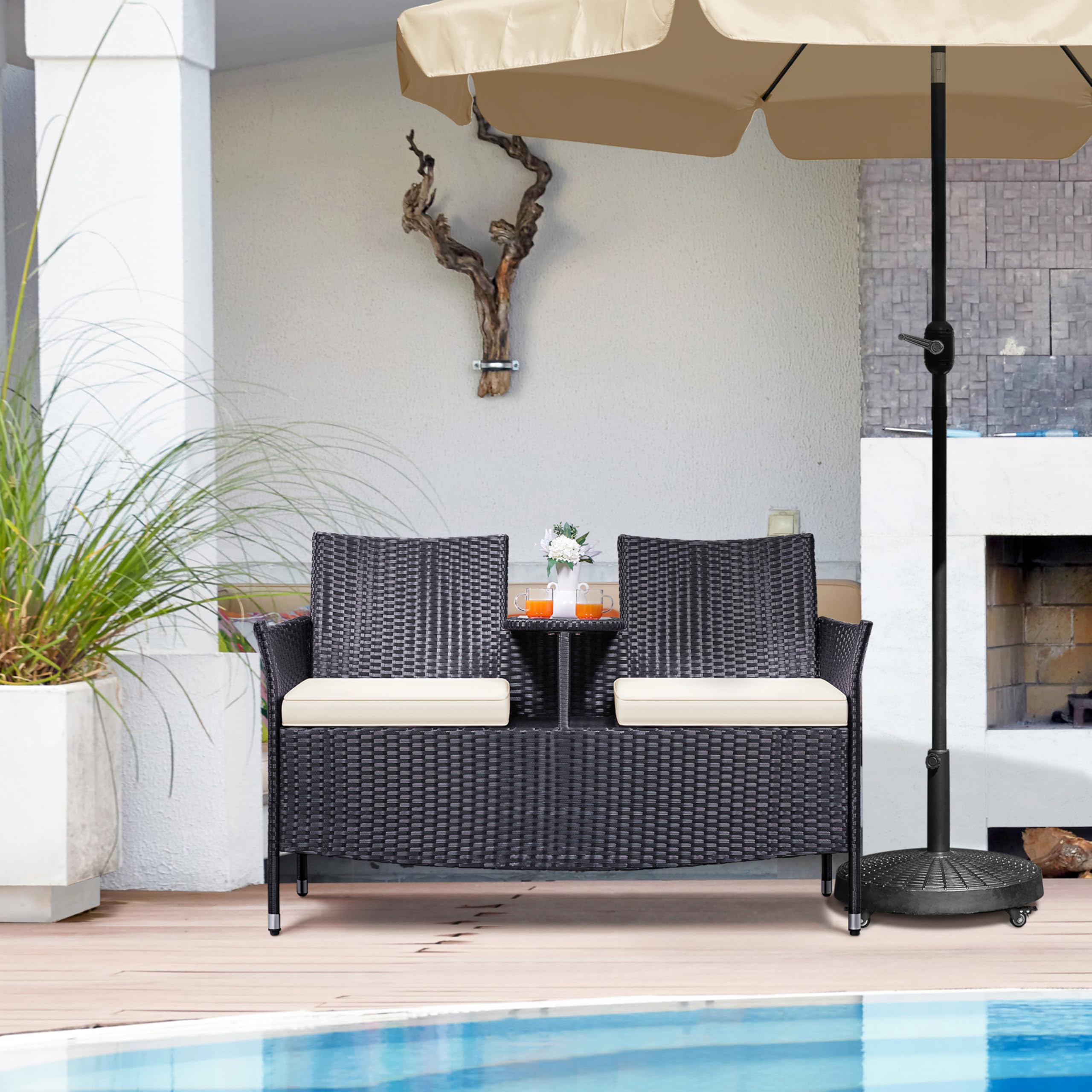 Yaheetech 2-Sitzer Polyrattan Gartenbank mit Tisch Stabile Rattan Sitzbank | Wetterfest Balkonbank 350 kg Belastbarkeit, für Garten Balkon Terrasse, Schwarz-Beige,131×65,5×85 cm