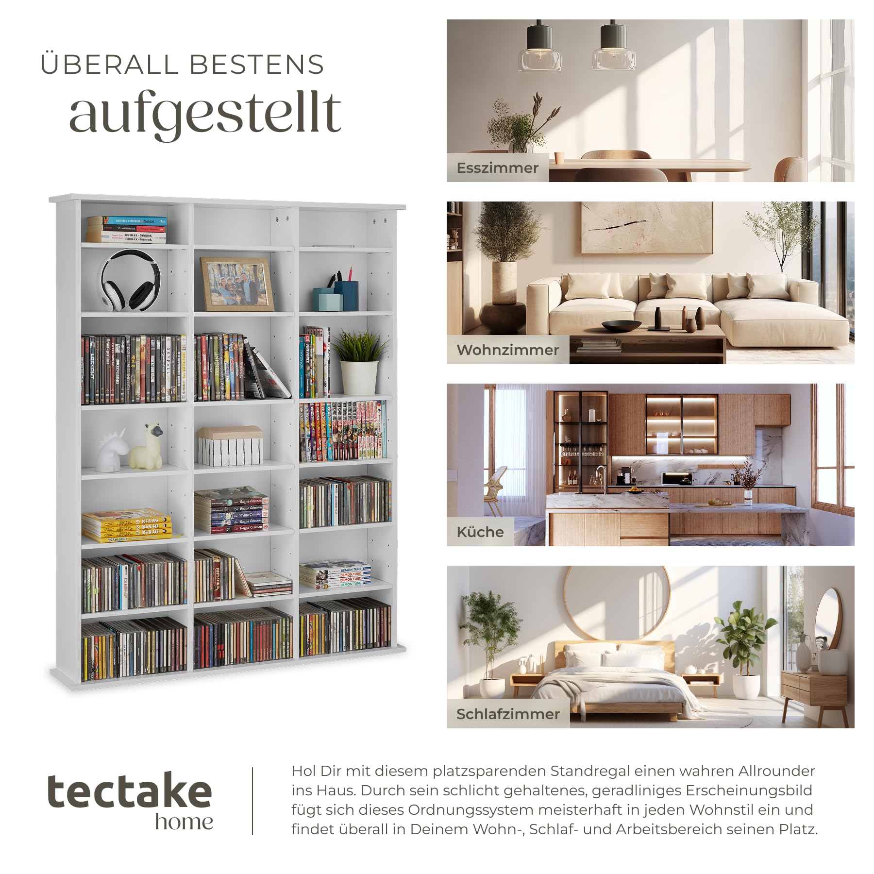 tectake® CD Regal, DVD Ständer, Raumteiler Schrank, Wand Regale Weiß, 18 Einstellbare Zwischenböden, Manga Aufbewahrungssystem - Weiß Matt