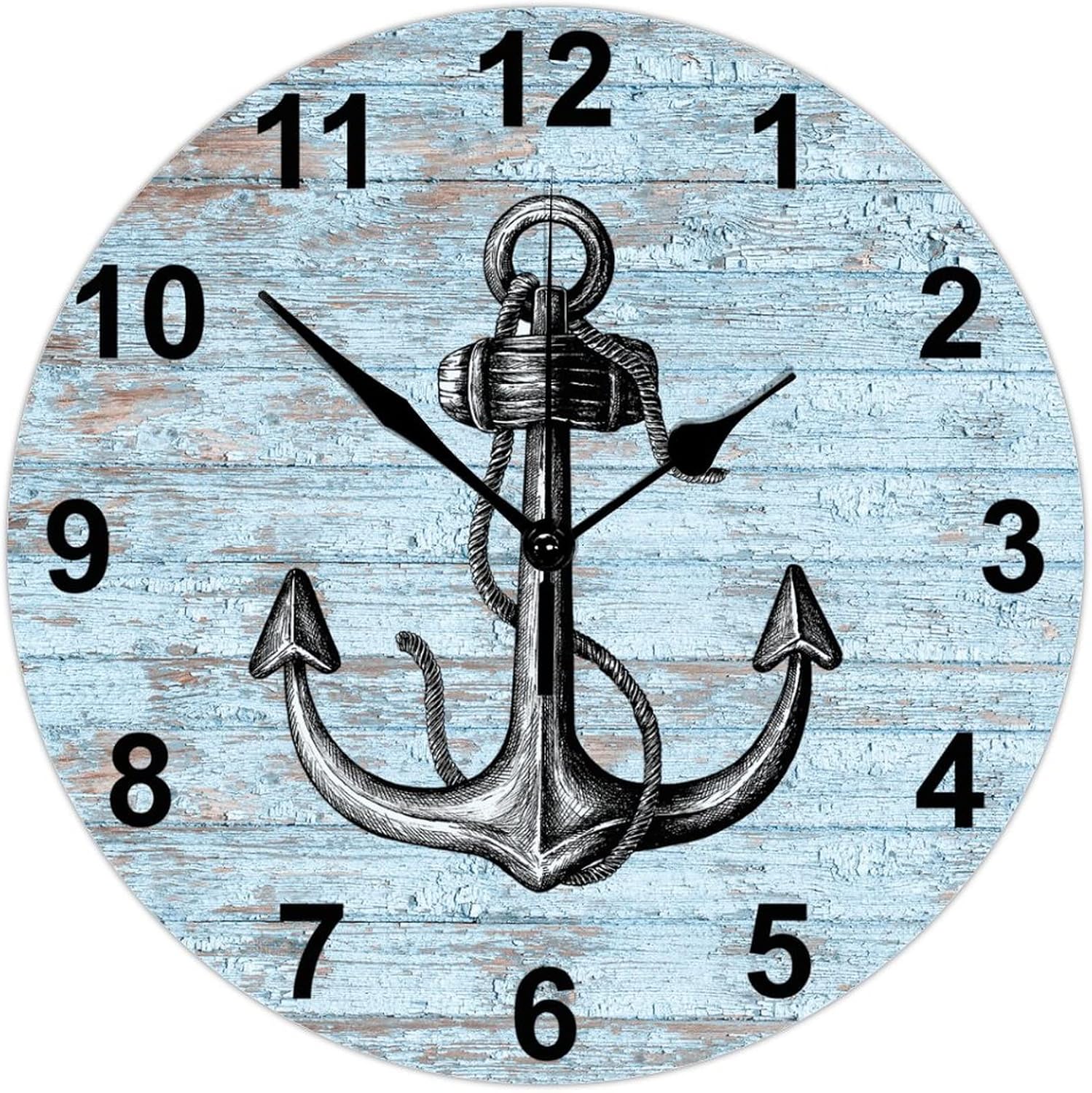 Wood Wall Clock Ocean Theme Nautical Anchor 12 Inch Vintage Round Wooden Wall Clock Easy to Read Digital Antique Style Wood Clock Suitable for Farmhouse Farmhouse Wall Decor Home Accent
