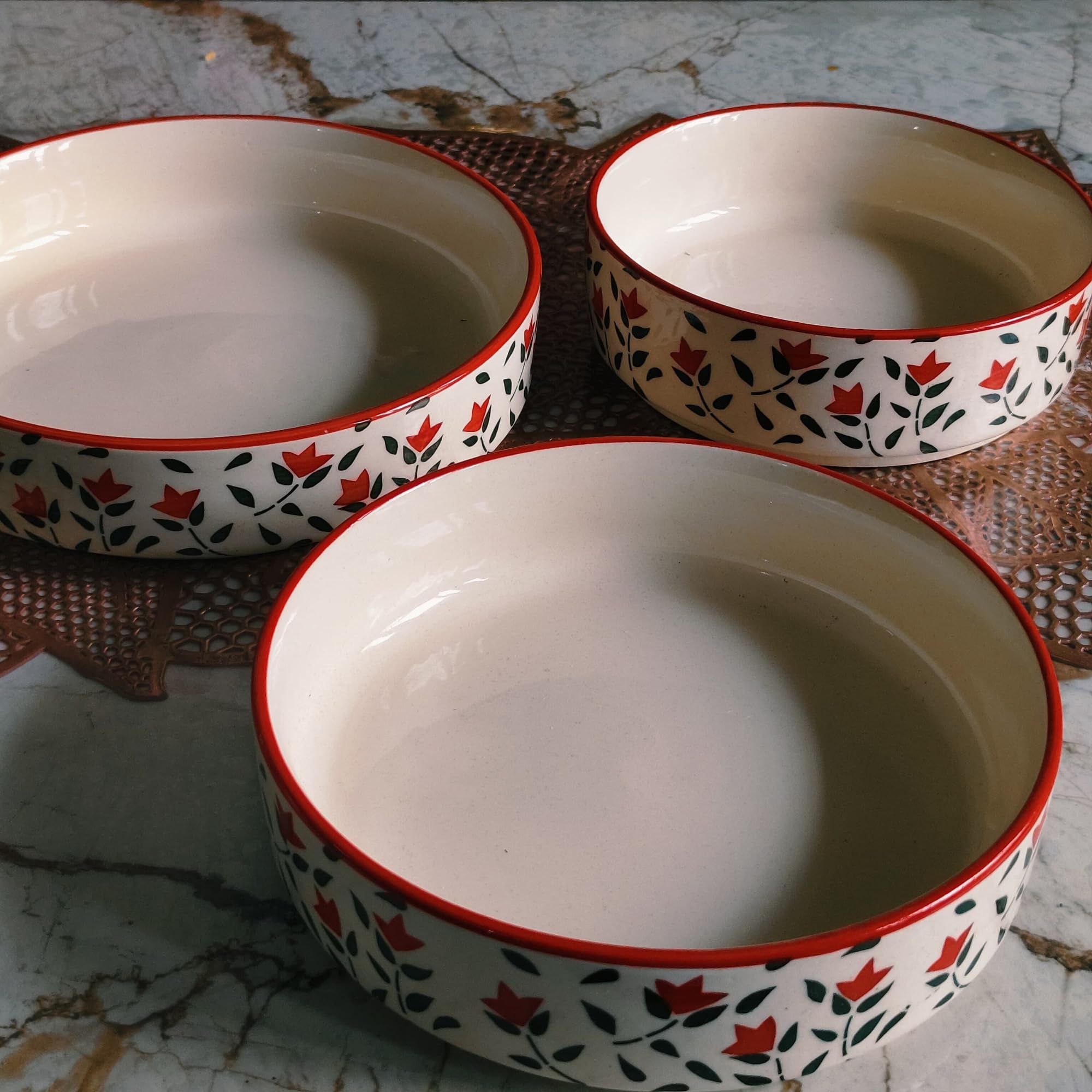 Niyara Stoneware Handmade Ceramic Stylish Premium Serving Bowls, Salad Tray Microwave Dishwasher Safe, Elegant Ceramic Flat Serving Bowl Set of 3, Sizes: 600ml, 500ml, 450ml (Red Floral Design) 3
