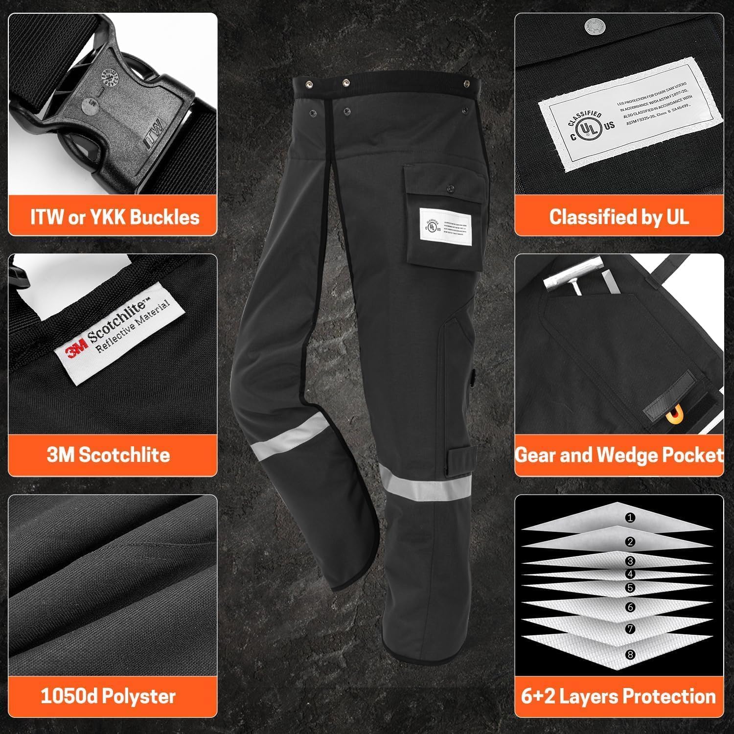 Motosierra Chaps Technical 8 Capas Clase B para usuarios de motosierras, color negro