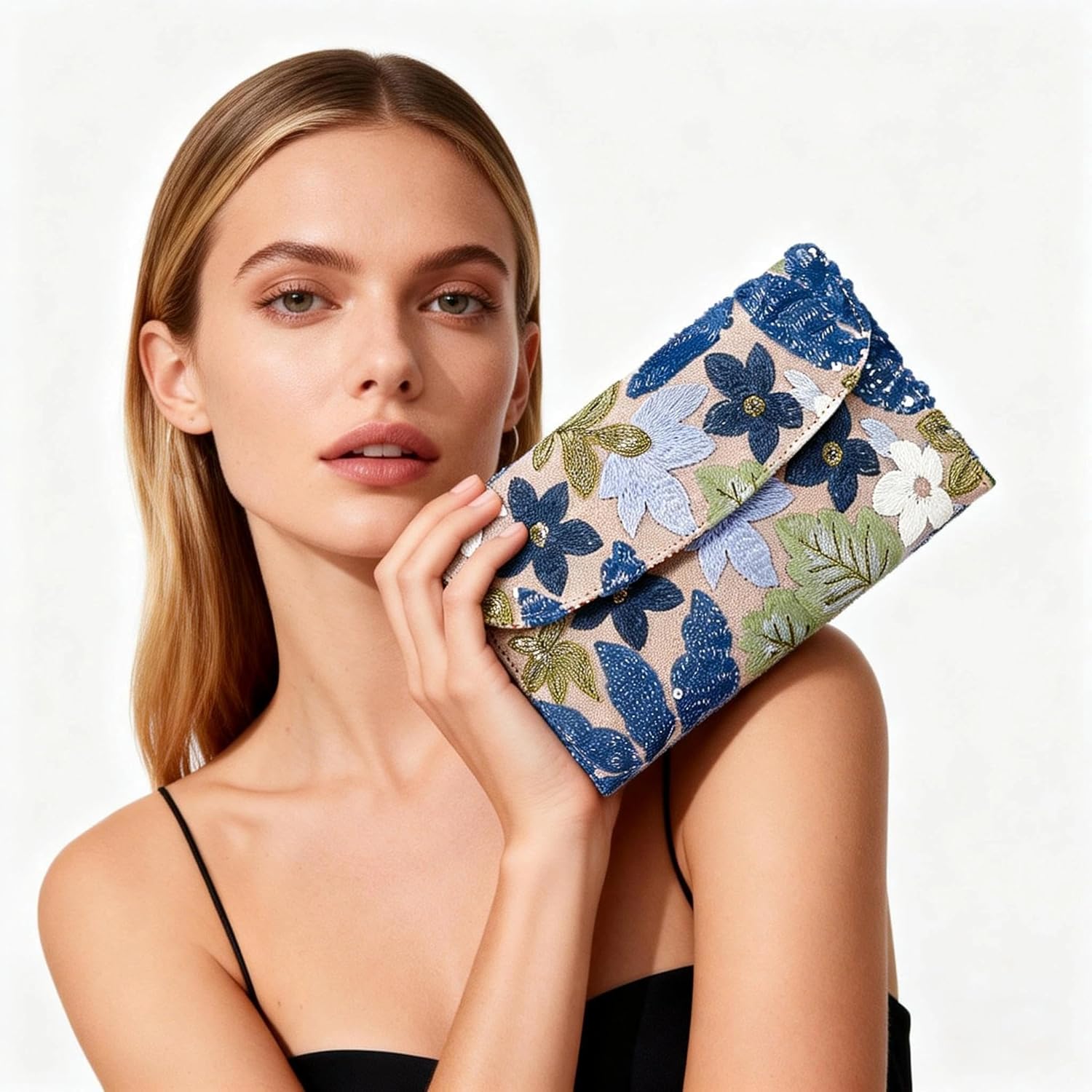 Envelope Package, Clutch Purses for Women, Sequin Embroidered Flowers Straw Bag, Bohemian Handmade Handbags, Beach Bag for Vacation, Travel, Banquet (Blue Flower) - Image 2