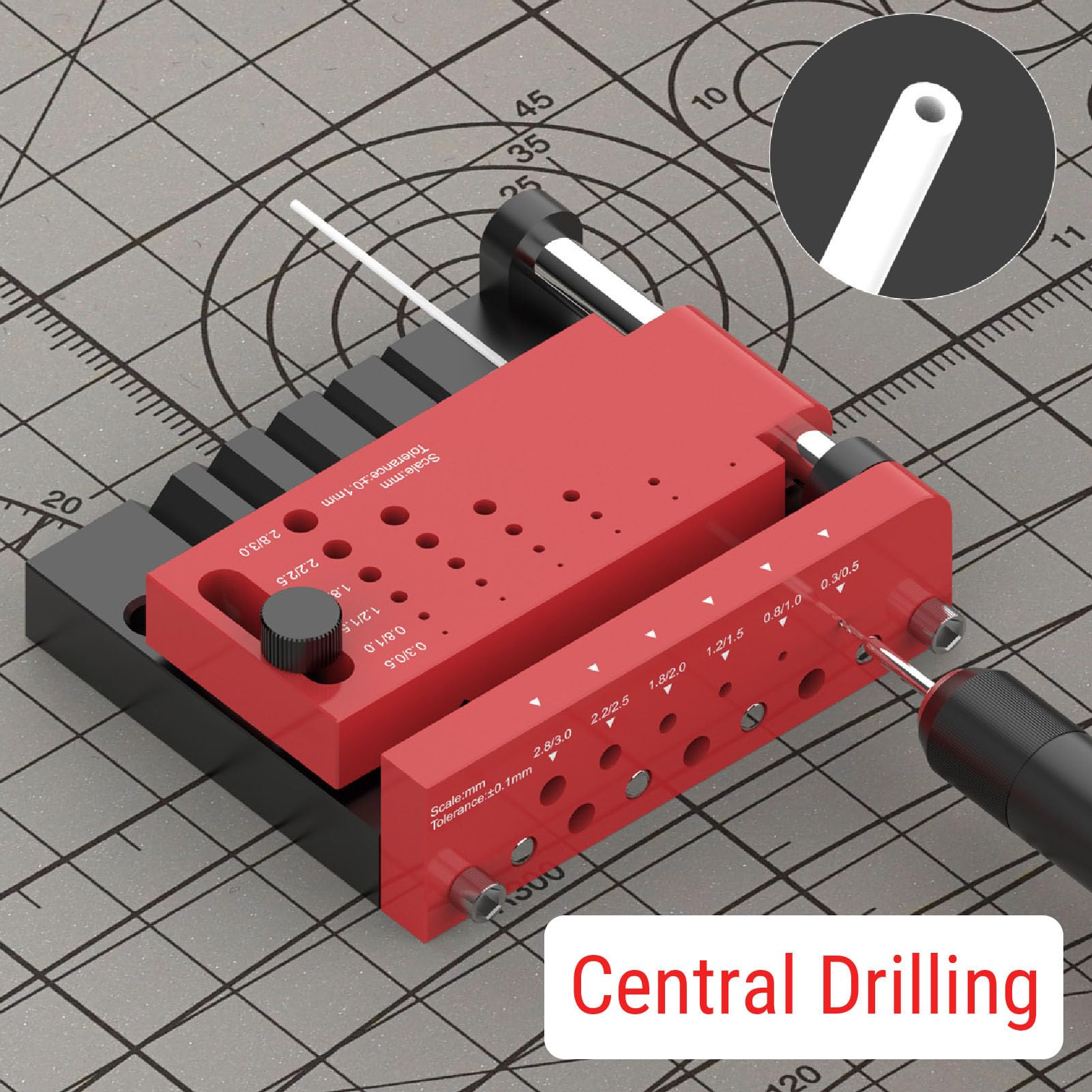 Fockety Localizzatore centrale per barre tonde, guida di foratura regolabile, posizionatore portatile per fori per strumenti di modellismo, modifica fai de te di figure