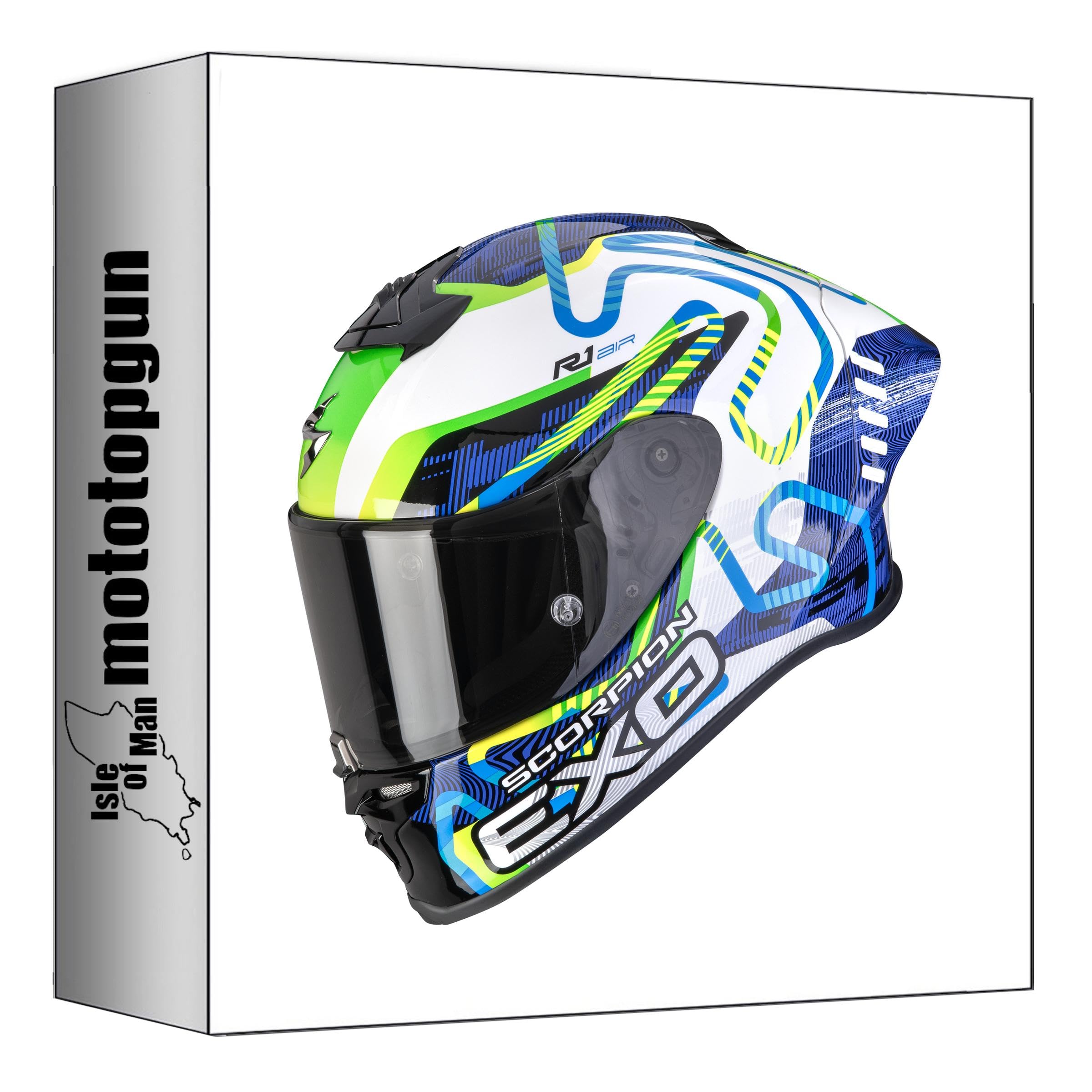 Casque intégral Scorpion Exo-R1 Evo II Air Cornering Blanc Bleu Vert XL 111-537-387-06