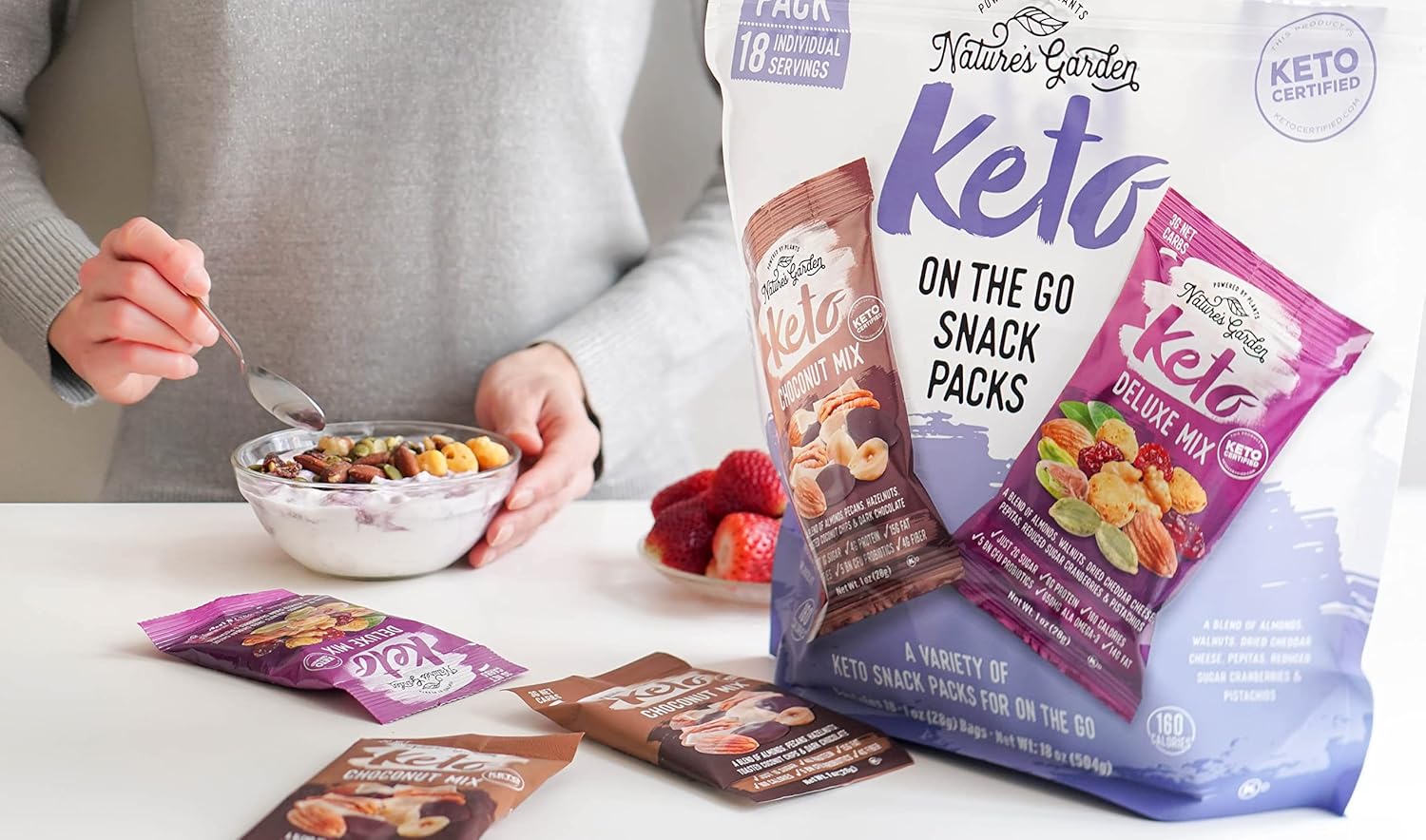 Nature’s Garden Keto On The Go Snack Packs – Keto Choco Nut Mix, Keto Deluxe Mix, Mixed Nuts, Savory and Sweet Snacks, Keto-Friendly, Crunchy Snack – 1 Oz Bags (18 Individual Servings)