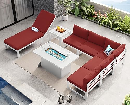 Miniatura 609 de NICESOUL 7 Piece White Powder-Coated Aluminum Patio Furniture with Fire Pit Table, 29 Inch Extra Wide Outdoor Sectional Sofa for 6, High-End Heavy