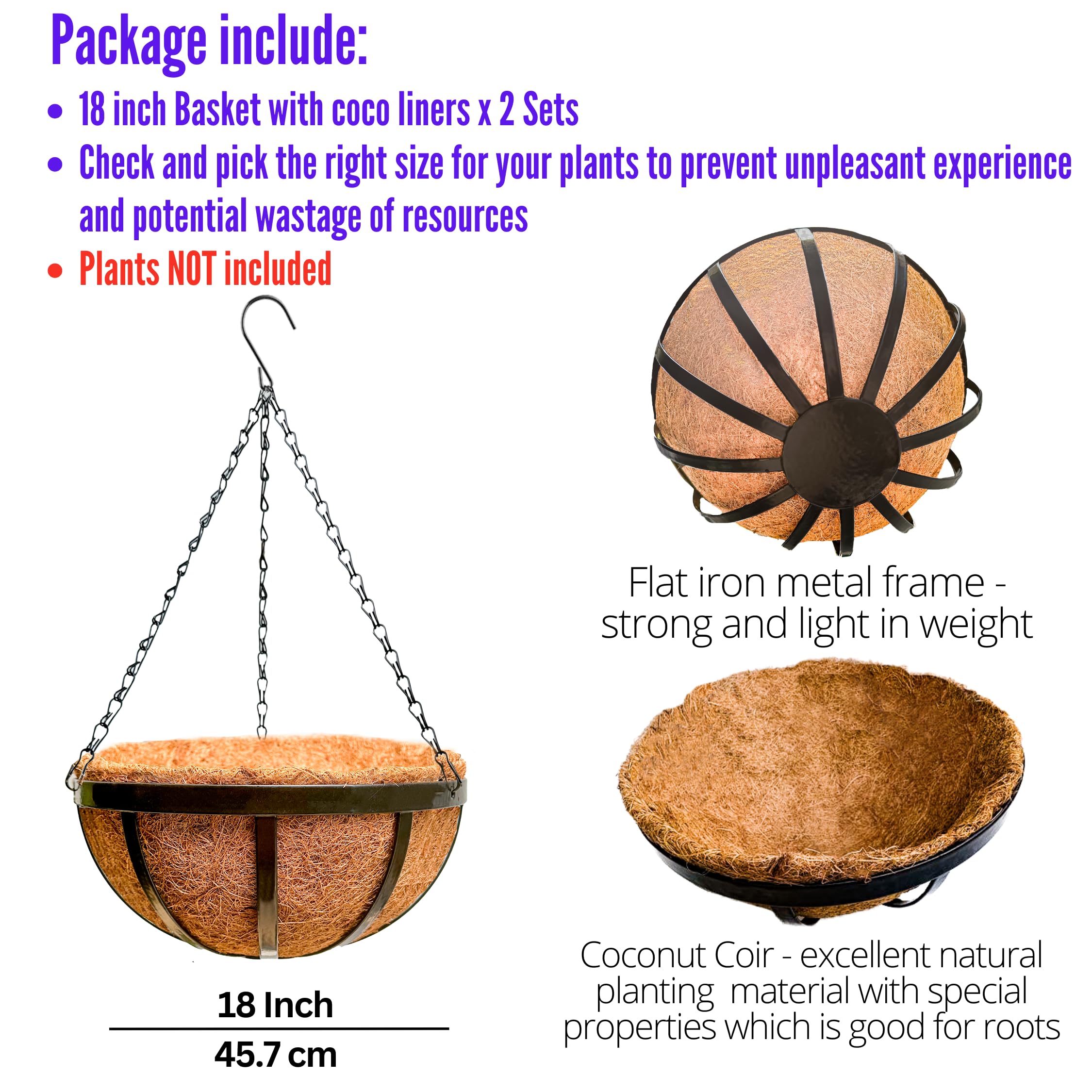 LaLaGreen Outdoor Hanging Baskets for Plants (2 Pack, 18 Inch) Extra Large Black Metal Flat Iron Hanging Planters with Coco Liner Round Flower Pot Holder Hanger Deck Porch Modern Garden Balcony Decor