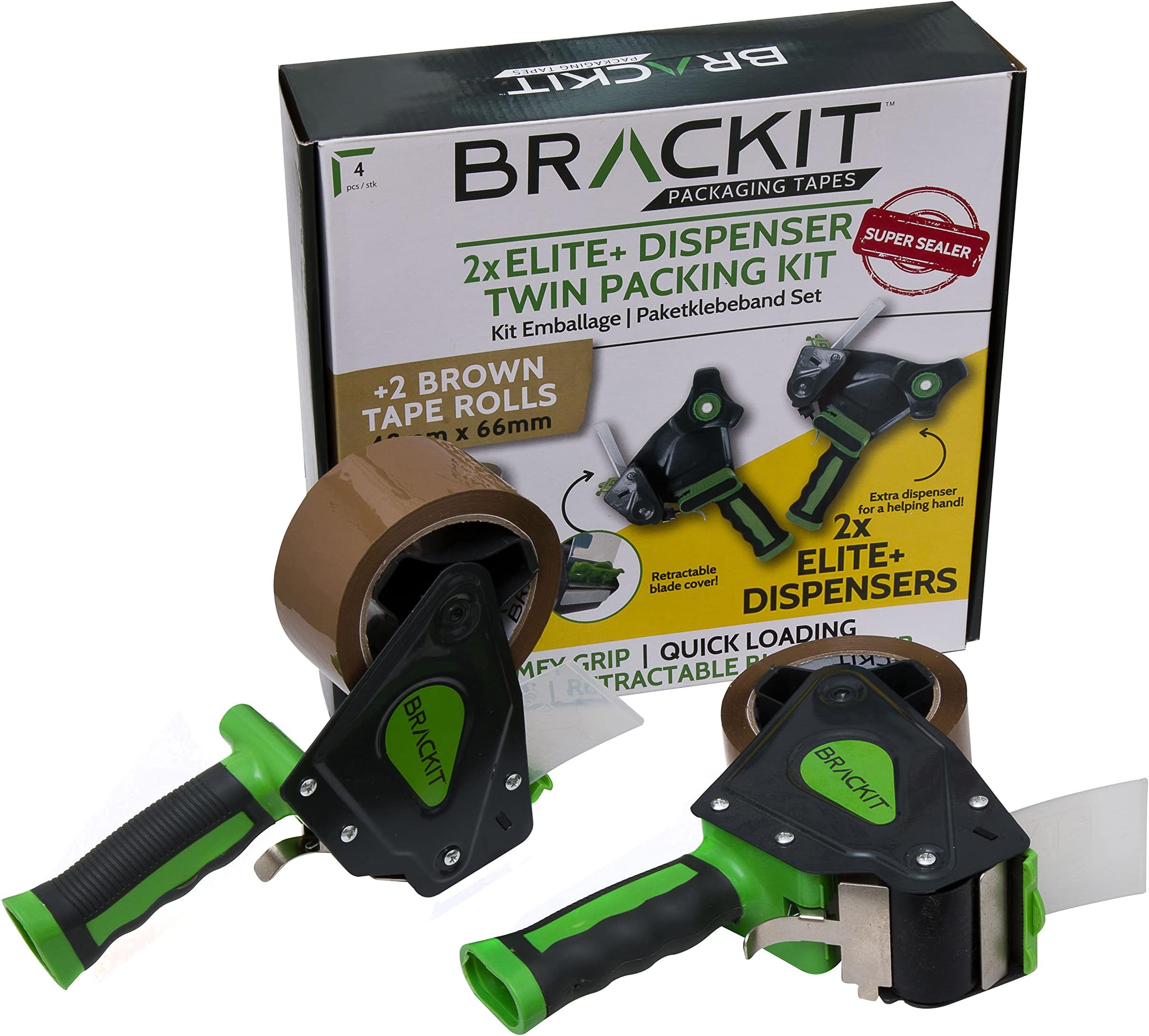 Brackit Packaging Tape Set - 2 Brown Tapes with 2 Dispensers - 48mm x 66m - 2 Roll Pack – Strong Heavy Duty Tape for General Use or Moving Home – Easily Seal Your Parcels and Boxes