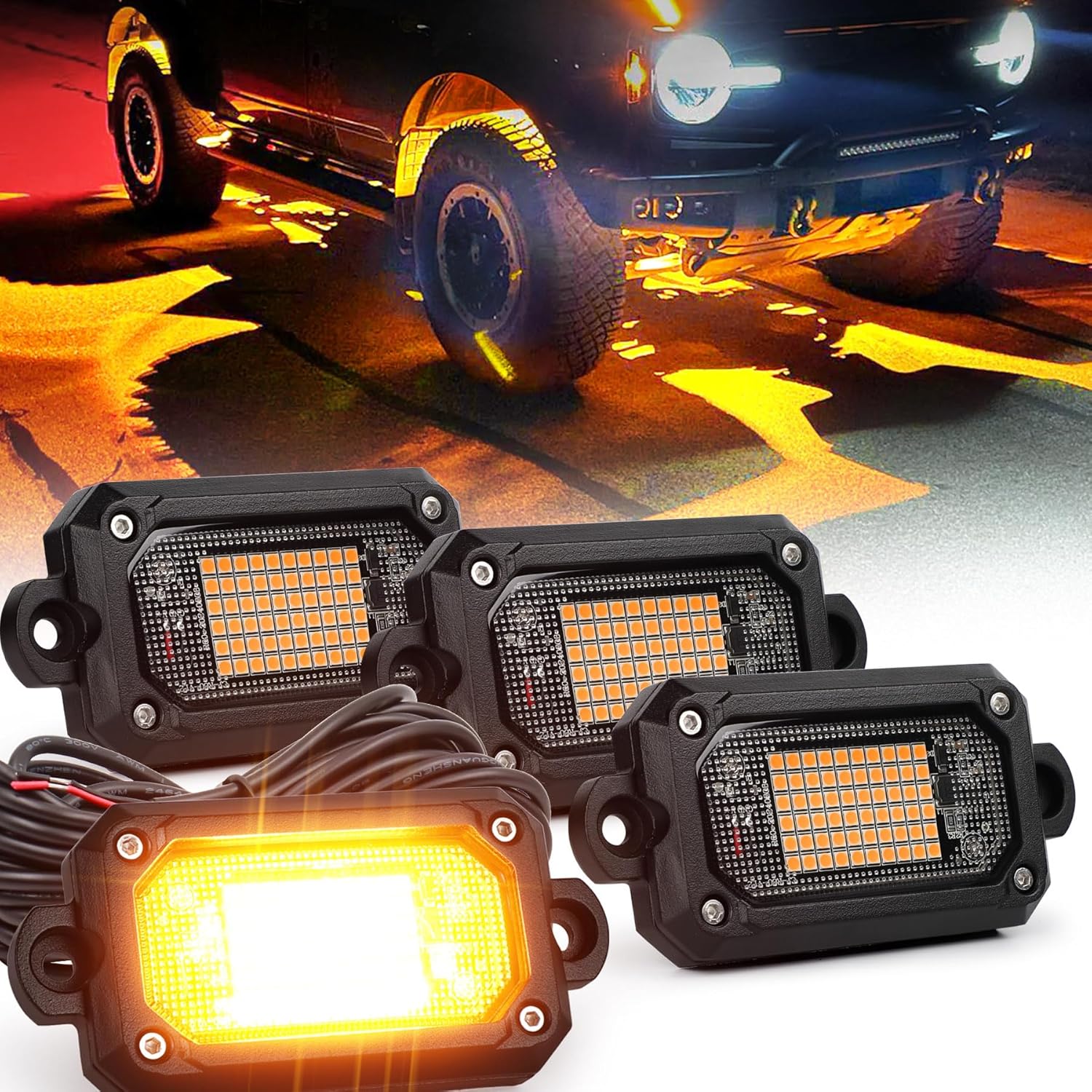 Amber Rock Lights, 4 PCS 60 Chip Rock Lights for Trucks UTV ATV RZR, Underglow Light Kit with 15FT Wiring Harness