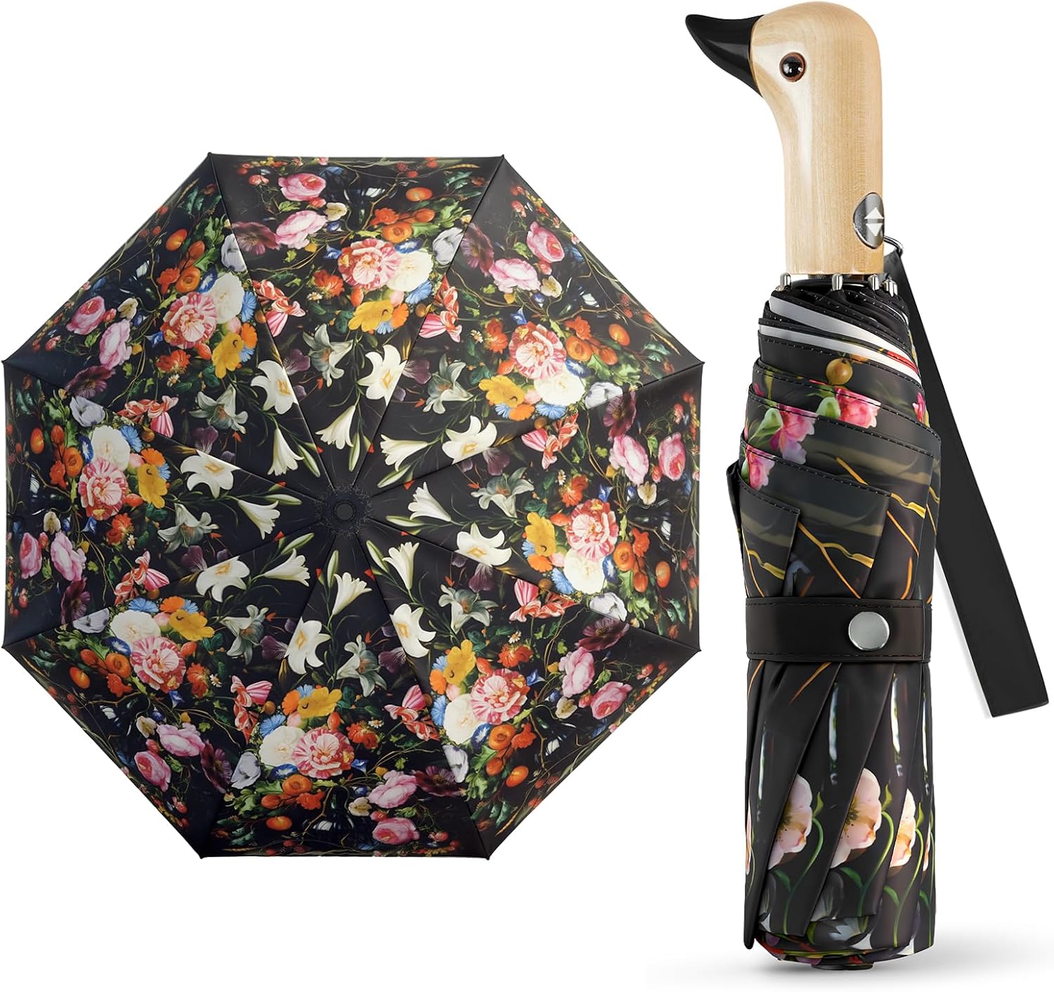 LEAGERA Duck Handle Umbrella Automatic - Collapsible Portable Compact Umbrella Travel Size Wooden Cute Duckhead Umbrellas Duck Gifts for Girls Women