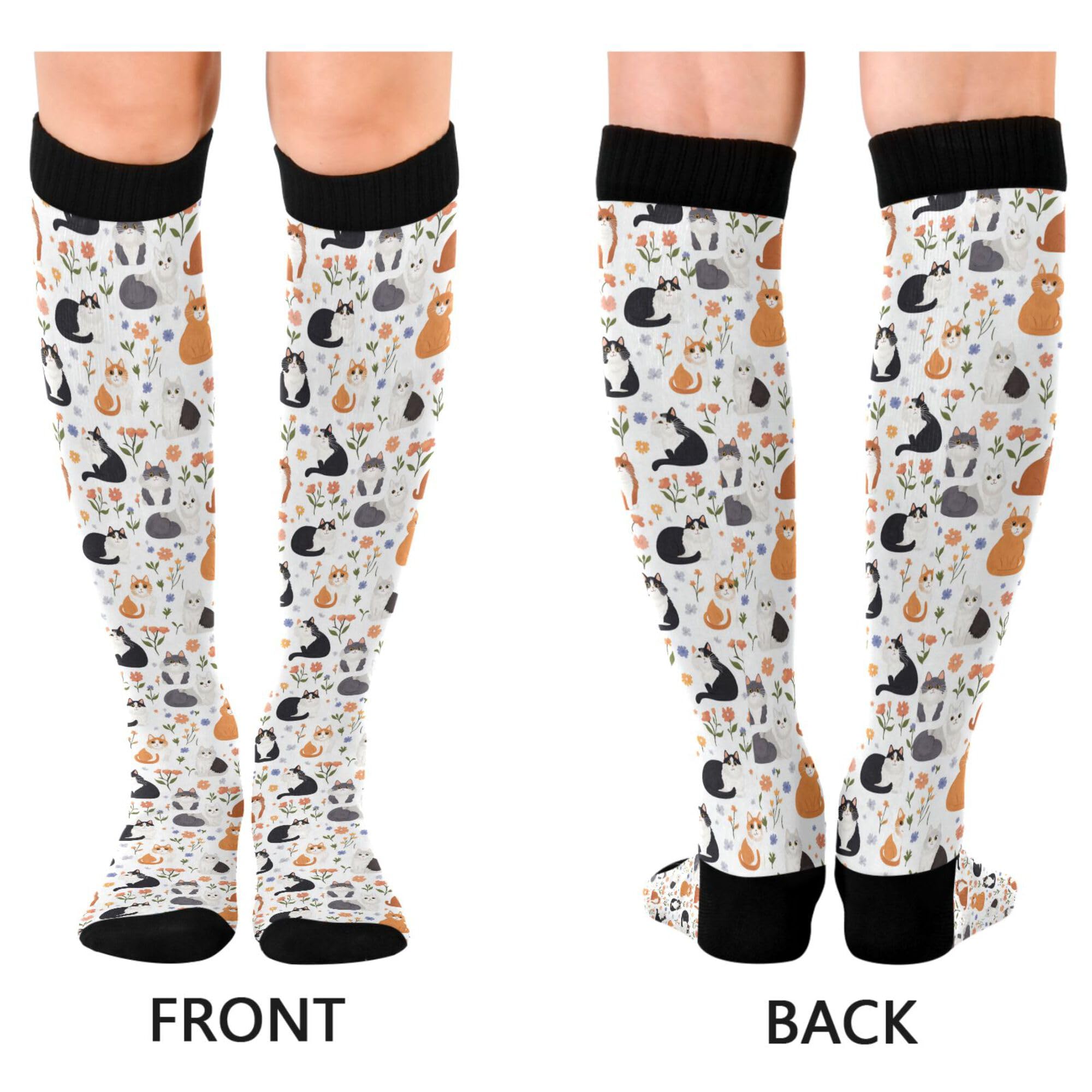 Mens Compression Socks Graduated Support For Nurses, Athletic, Travel & Flight Socks Cartoon Cute Manx Cats White