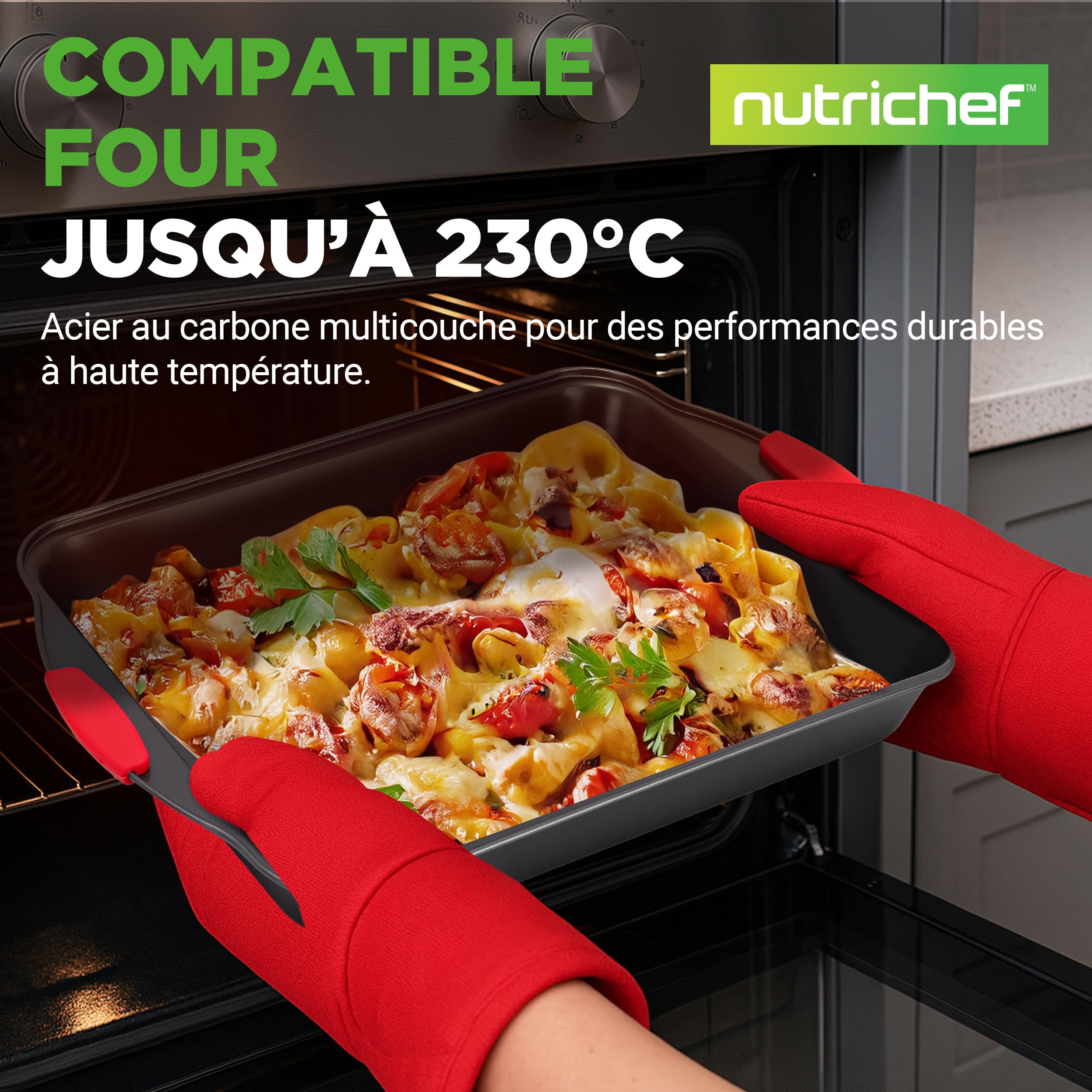 NutriChef Moules à Pâtisserie - Set de 8 Plateaux de Cuisson Antiadhésif en Acier au Carbone - Plateaux Empilables - Inclut Plaques à Biscuits, Moule à Cake, Pizza, Muffins et Gâteau - Noir