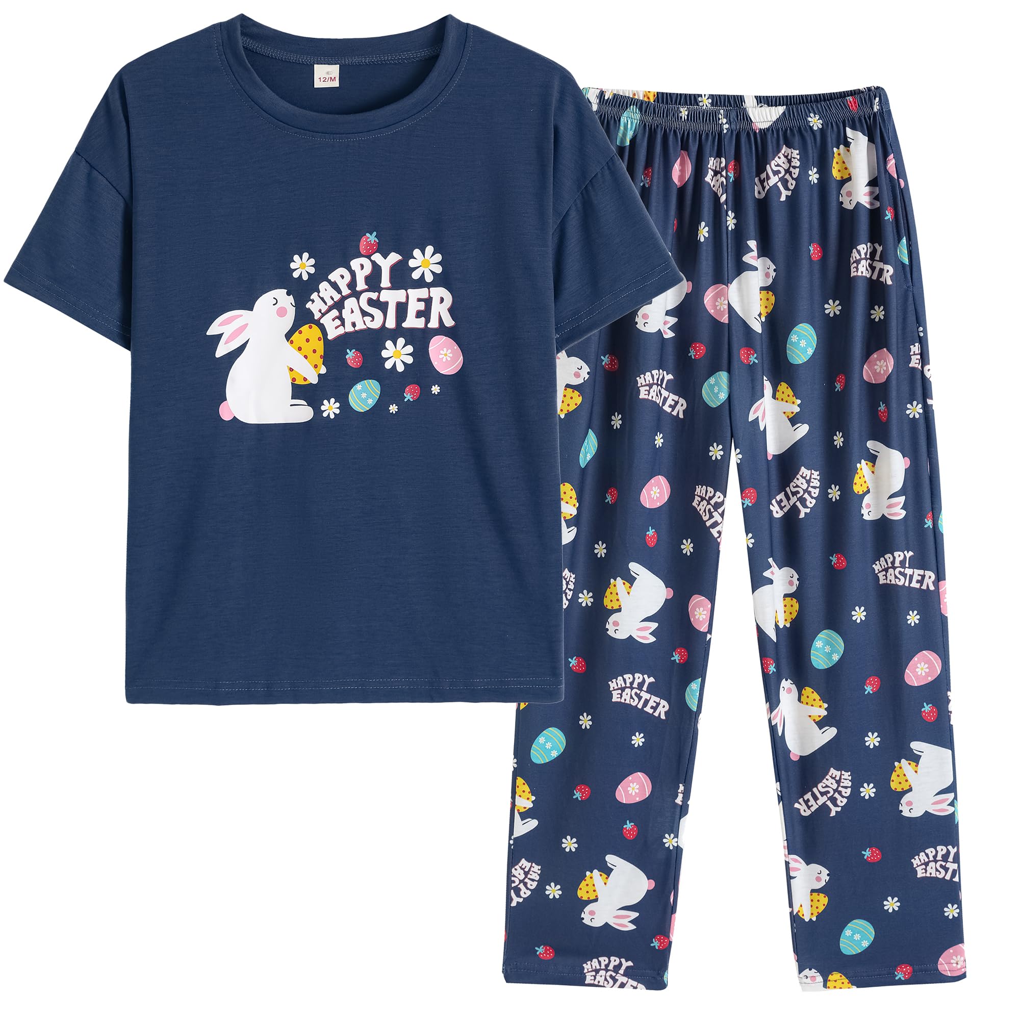 Vopmocld Big Girls' Short Sleeve Long Pants Pajama Sets 2PCS Cartoon Pattern & Letters Printed Sleepwear Lounge for Teens