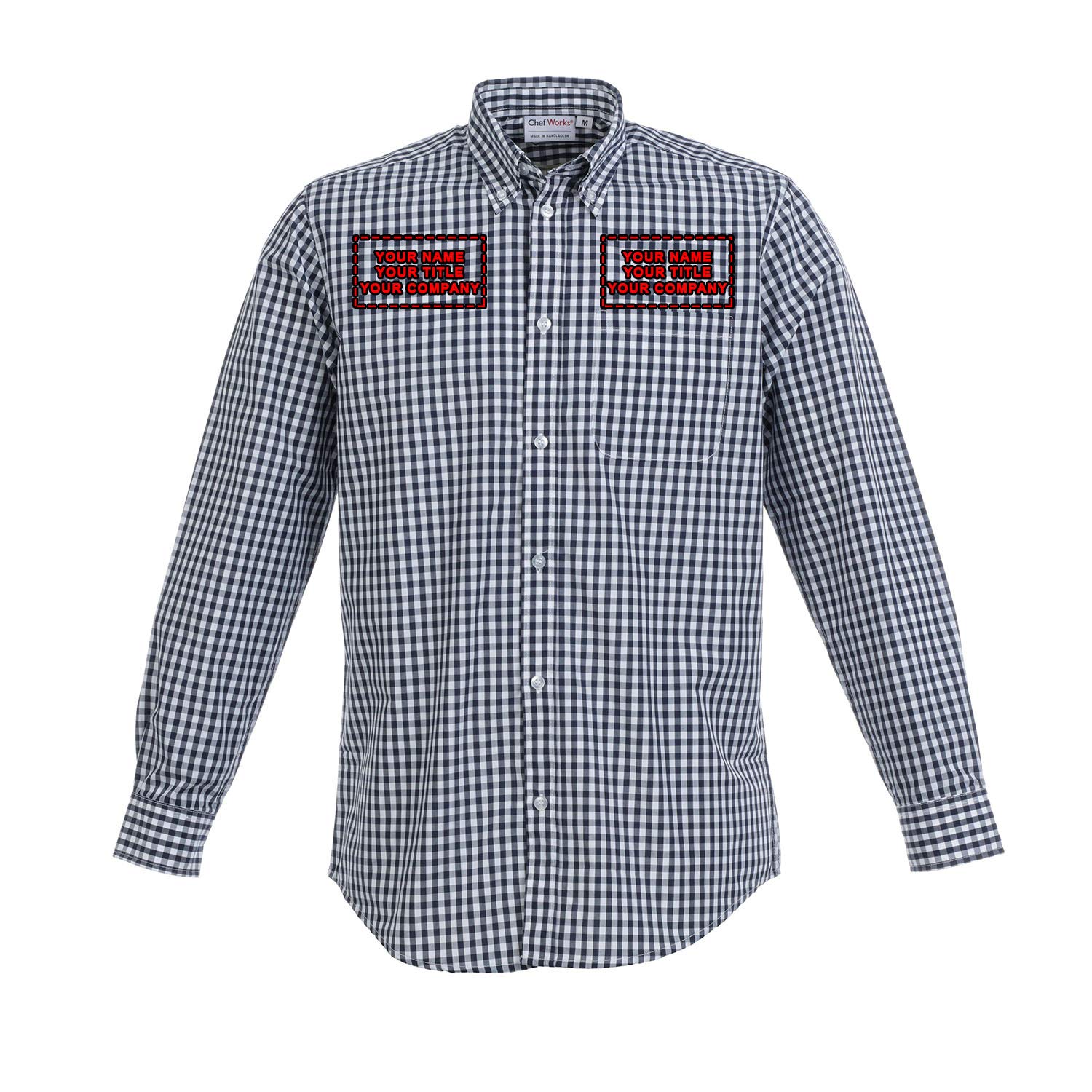 Chef Works Custom Embroidered Mens Gingham Dress Shirt, Dark Navy Wht Check, XL