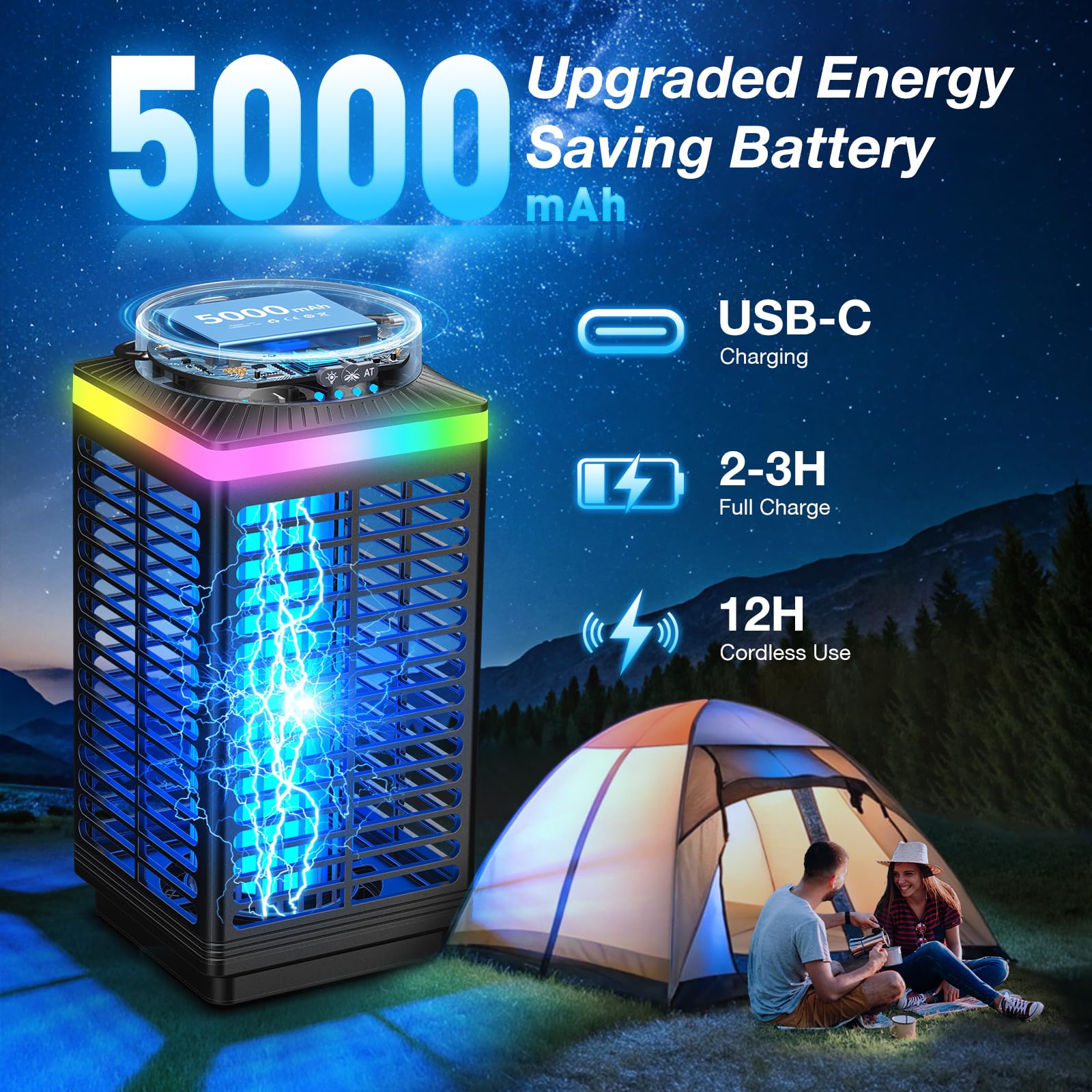 Bug Zapper Outdoor ricaricabile, 4200 V, altamente efficace, Zapper insetti portatile con luce notturna e RGB, Zapper elettrico senza fili, Zapper insetti impermeabile, per patio, campeggio, portico
