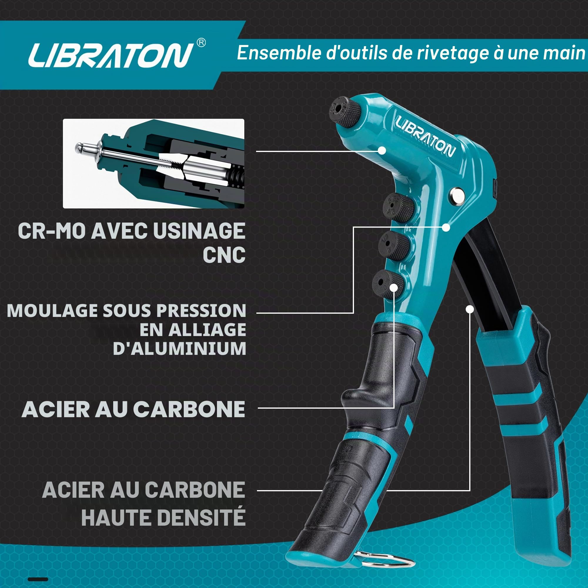 LIBRATON Pince à Riveter Professionnelle, Riveteuse Manuelle, Pince Rivet Aveugle, Pistolet à Rivet Pop avec 4 Types de Perceuses HSS et 200 Pièces Rivets 2,4mm 3,2mm 4mm 4,8mm