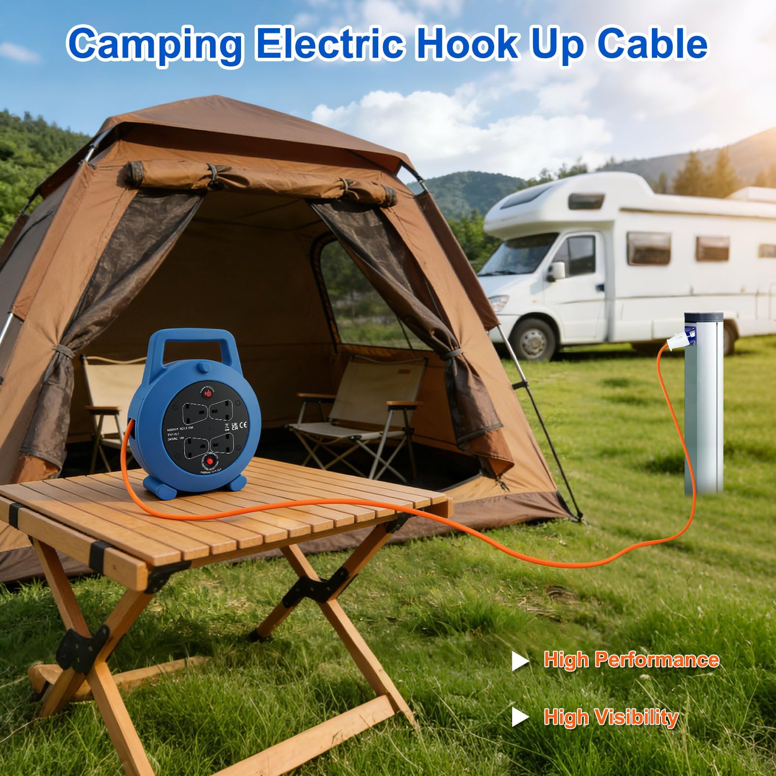 Cable de extensión para exteriores de 10 m, carrete de extensión retráctil de 4 enchufes, cable de conexión eléctrico de camping de 16 A, cable de alimentación impermeable y portátil, cable de