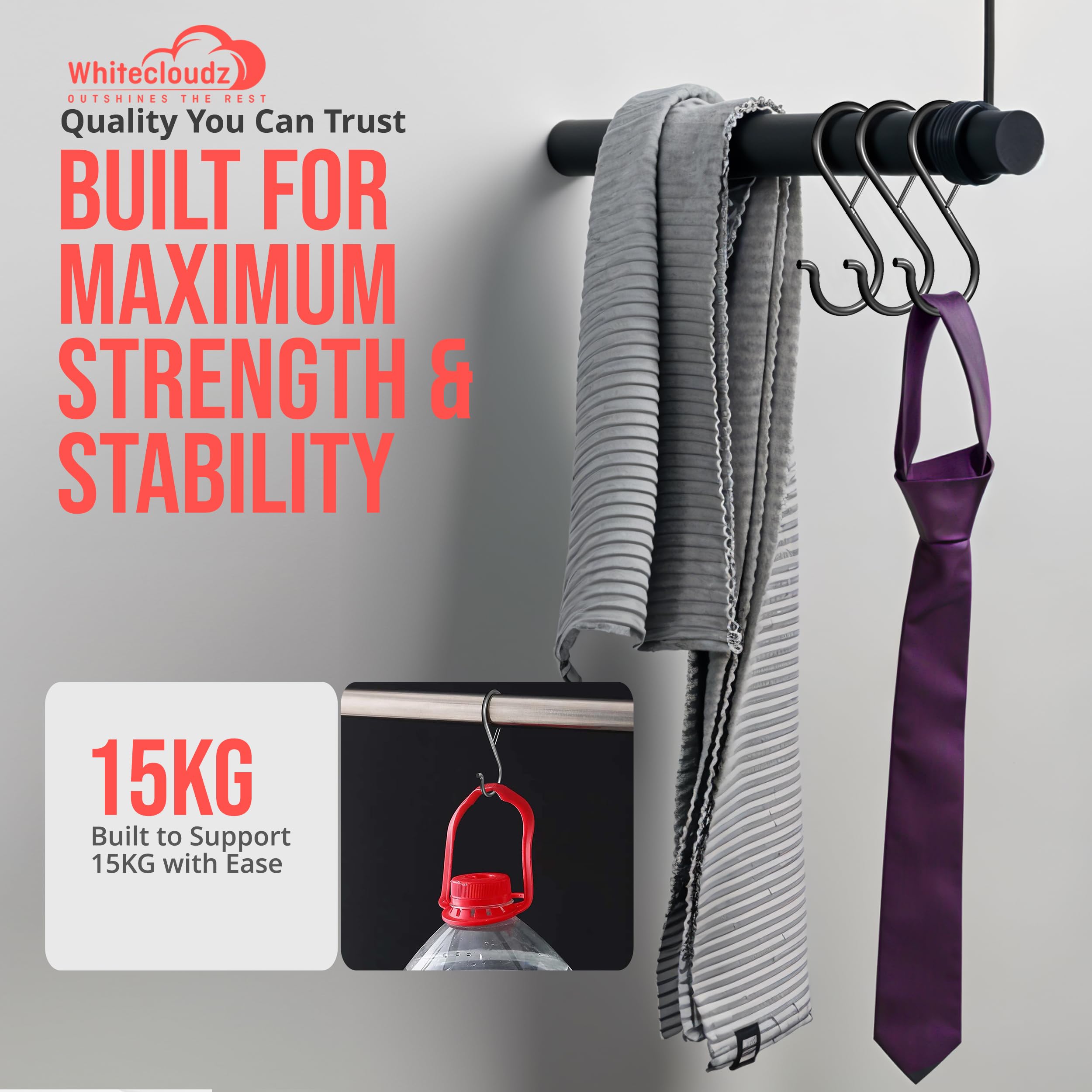 WHITECLOUDZ 10Pack Heavy Duty S Hooks for Hanging with Safety Buckle Wall HangingHooks - Image 3