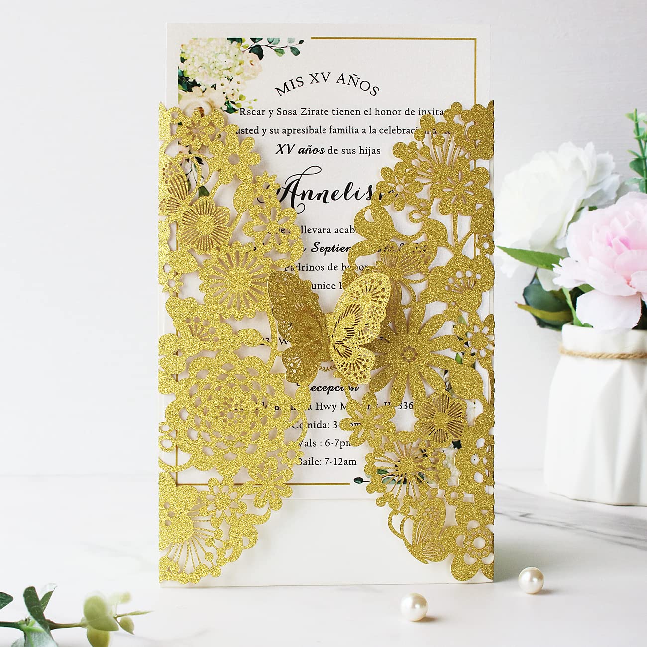 Hosmsua Lot de 20 cartes d'invitation de mariage avec papillon et enveloppes découpées au laser pour fête de fiançailles, fête de remise de diplôme (paillettes dorées)