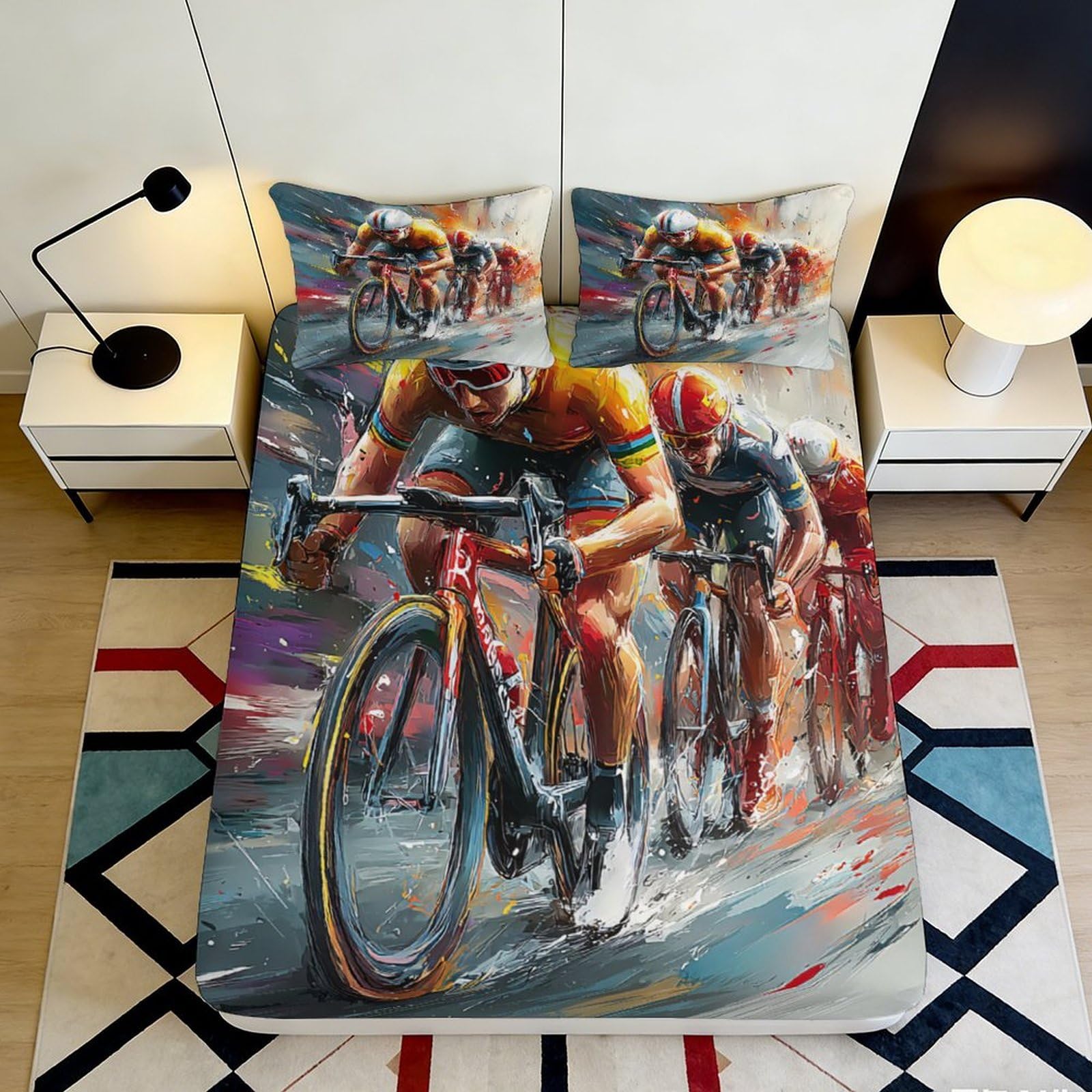 3D Printed Cycling Race Fitted Sheet Microfiber Soft Breathable Bike Rider Bed Cover for Bedroom Guest Room Decor 90x200x25cm