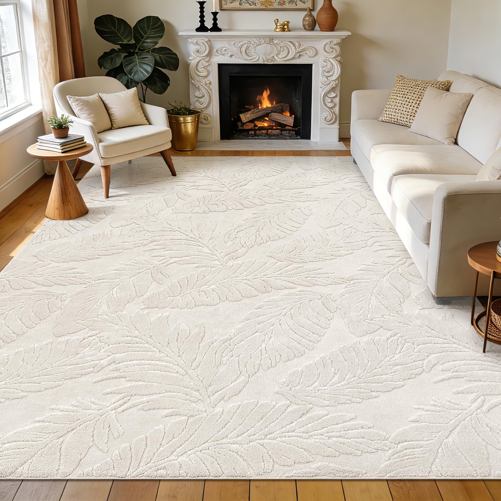 Enyhom Washable Rugs Living Room Large 160x230cm, 3D Effect Beige Area Rug for Bedroom Soft Fluffy High-Low Pile Anti Slip Floor Carpet Mat for Kids Room Office โ image 1