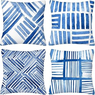 Rayas Azul Fundas de Cojines Decorativas Cuadradas de Lino, 80x80cm con Cremallera Oculta para Sofá, Oficina, Silla, Dormitorio, Jardín, Terraza, Exterior Decoración del Hogar, Juego de 4. H-112
