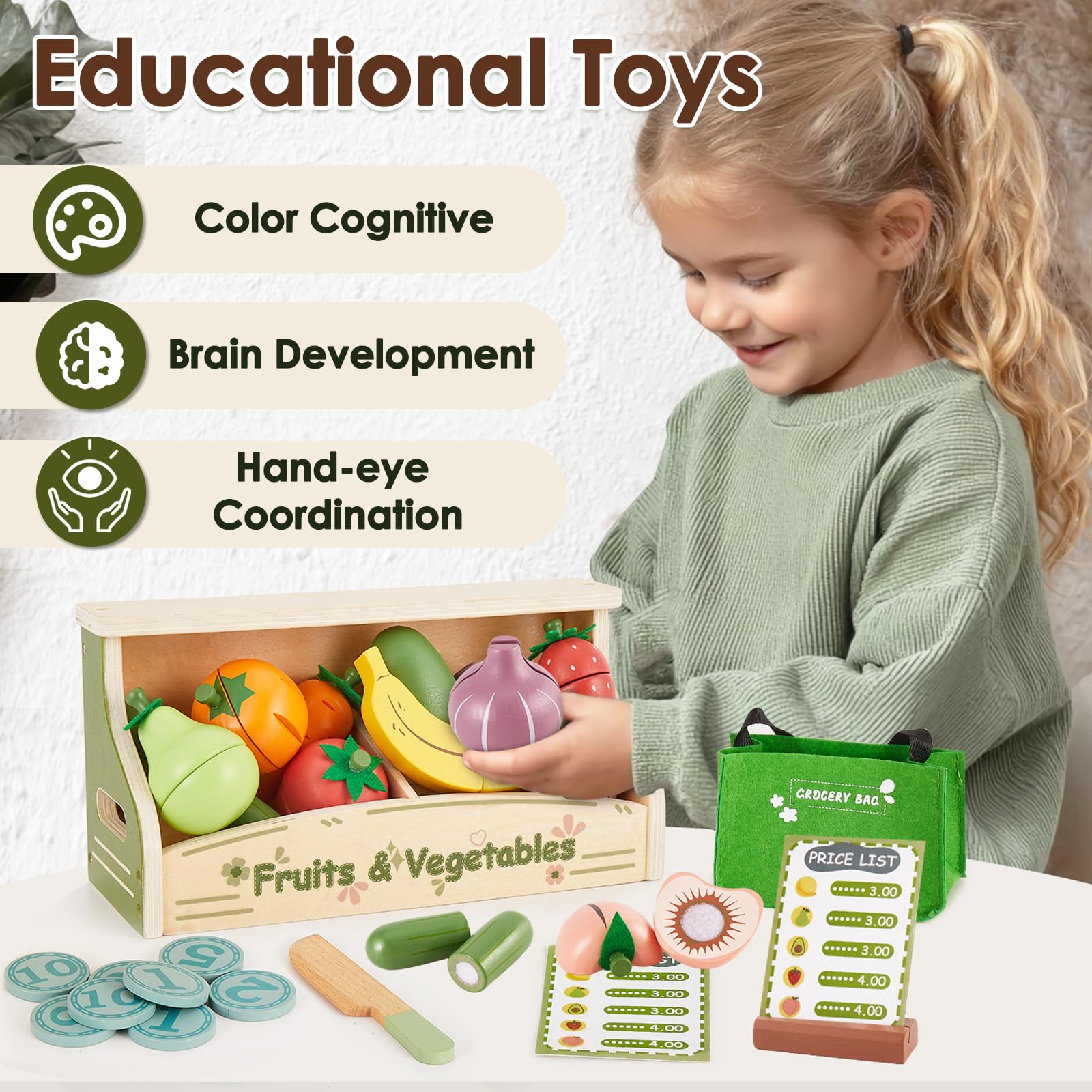 BUYGER Frutas y Verduras Juguete para Cortar, Comida Juguete Cocinita con Mostrador, Alimentos Juguete de Madera para Cocina, Montessori Educativo Regalo Navidad para Niños 2 3 4 5 Años