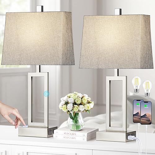 Miniatura 9 de Juego de 2 lámparas de mesa con control táctil, modernas lámparas de noche plateadas con puertos USB A+C y salida de CA, lámparas de mesa de noche